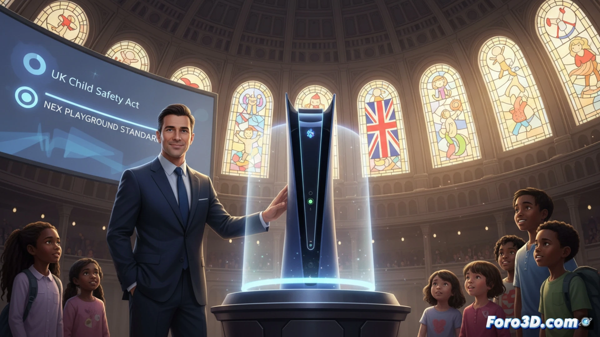 Nex Playground console being held by a child’s hand mid-motion, front camera tracking arm swing during active gameplay, screen displaying real-time movement feedback interface with green safety checkmark overlay, console connected to UK Online Safety Act compliance dashboard showing verified child data encryption, photorealistic product photography, soft studio lighting on matte white controller, blurred living room background with parental supervision, ultra-detailed plastic textures, cinematic depth of field, clean modern aesthetic