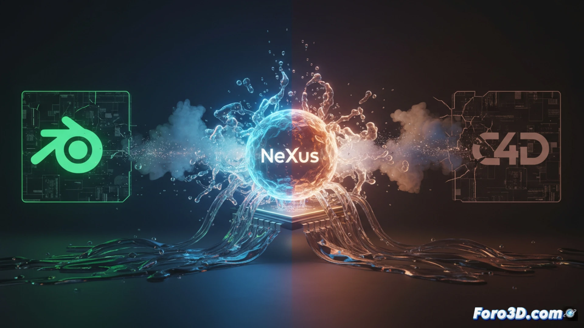 Descripción detallada (80-120 caracteres):  
Render 3D de partículas fluidas y gases vibrantes fluyendo sobre el logotipo de Blender, con GPU brillando en neón y texto NeXus en Vulkan.