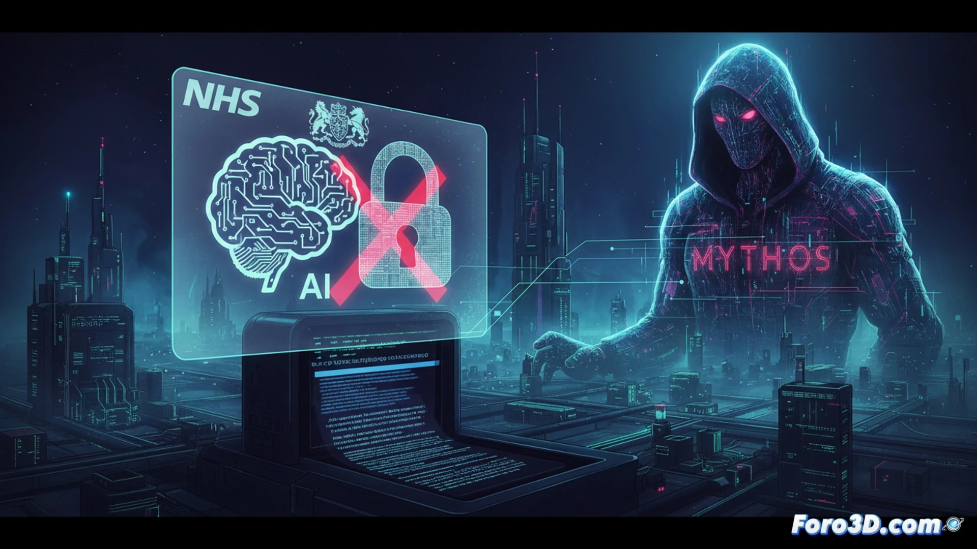 Un escudo digital con el logo del NHS England bloquea un código abierto, mientras una IA sombría llamada Mythos intenta infiltrarse en servidores de salud pública.