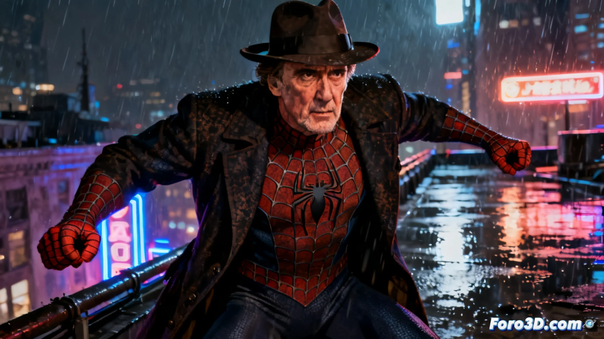 Veteran actor Nicolas Cage as Spider-Noir in a rain-soaked 1930s alley, wearing a dark trench coat and fedora over a black spider-suit, pulling himself up a brick wall with one hand while gripping a vintage film camera in the other, cracked leather gloves showing wear, steam rising from a manhole cover in foreground, cobblestones wet with reflections, dramatic noir-style chiaroscuro lighting from a single streetlamp, deep shadows and high contrast, cinematic film noir aesthetic, photorealistic render with grainy texture, 35mm film look, action pose demonstrating agility despite age