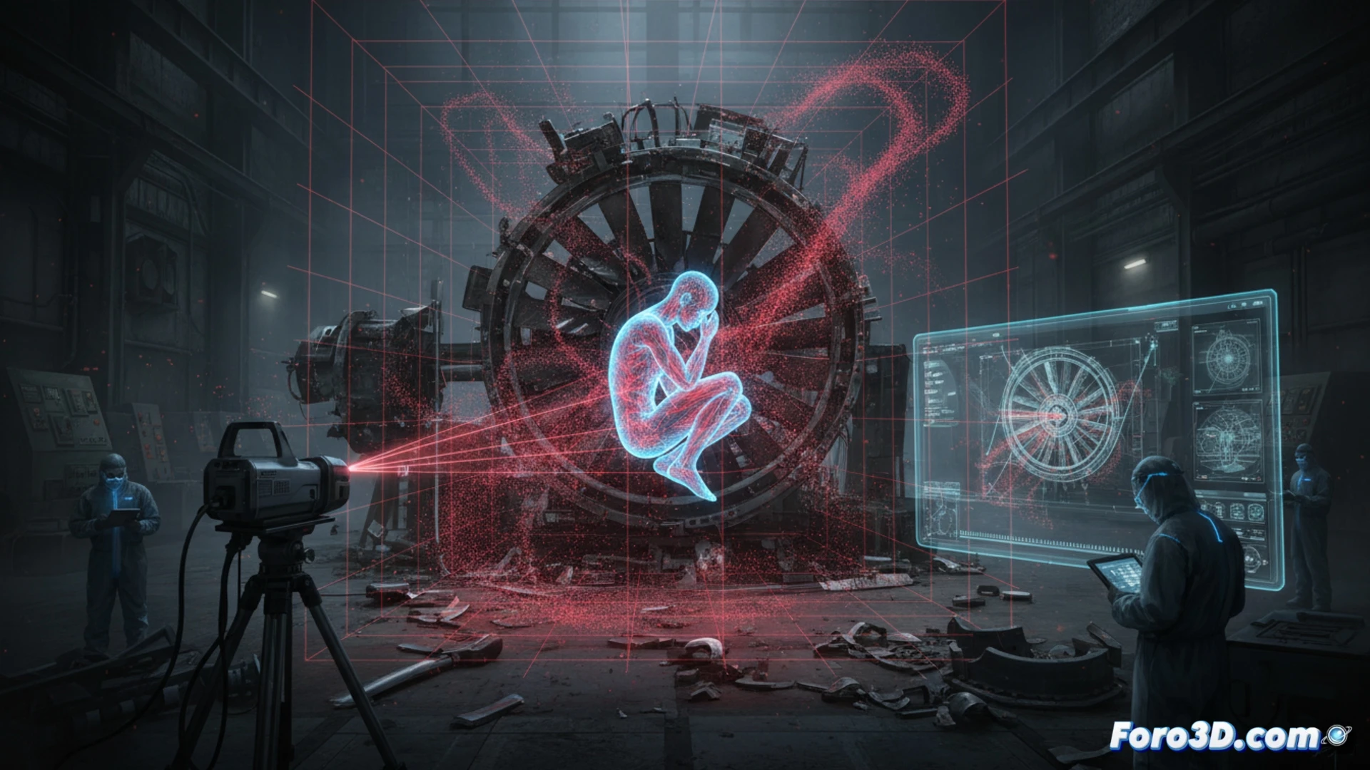 Reconstrucción forense 3D con escáner láser y simulación de partículas en accidente industrial con patrón de sangre