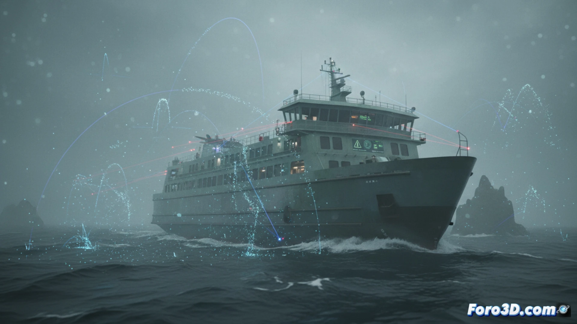 Simulación 3D de niebla densa afectando sensores LiDAR en ferry autónomo colisionando contra muelle