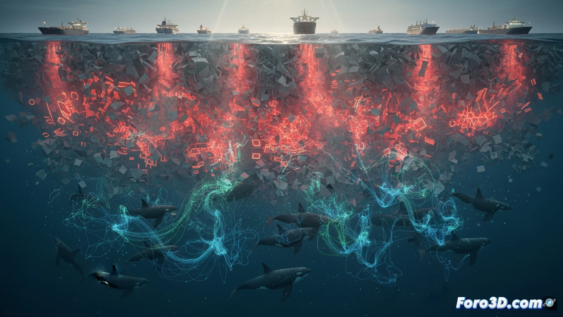 Simulación 3D de contaminación acústica en el Estrecho de Gibraltar afectando a ballenas piloto