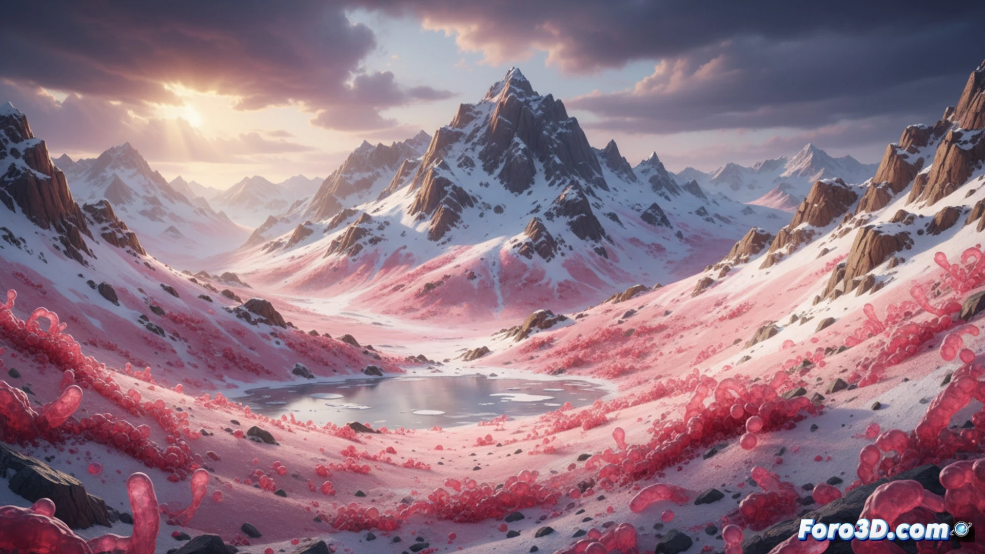 Modelado 3D de nieve rosa en glaciar Presena con algas de sangre en Blender y Unreal Engine