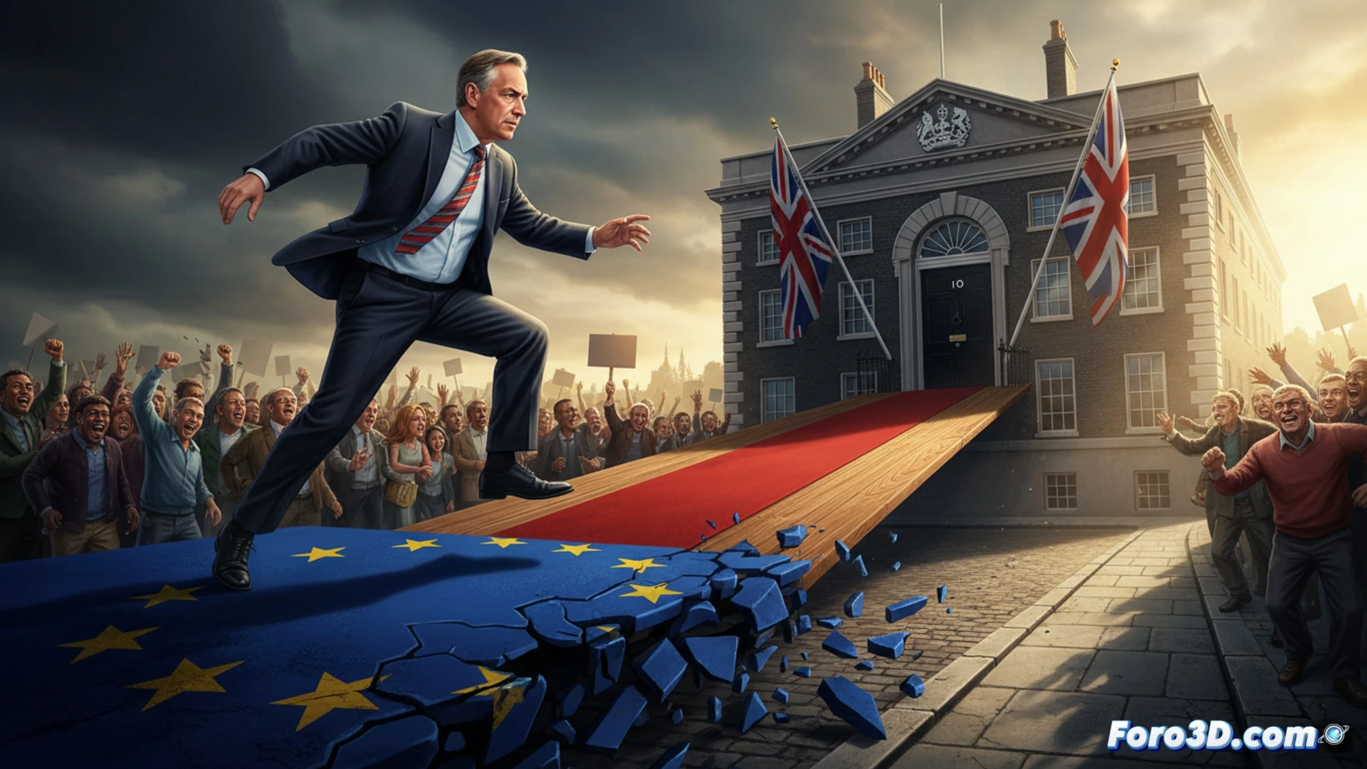 Nigel Farage, de pie ante el número 10, alza un puño victorioso; al fondo, una bandera británica ondea tras la silueta del Big Ben.