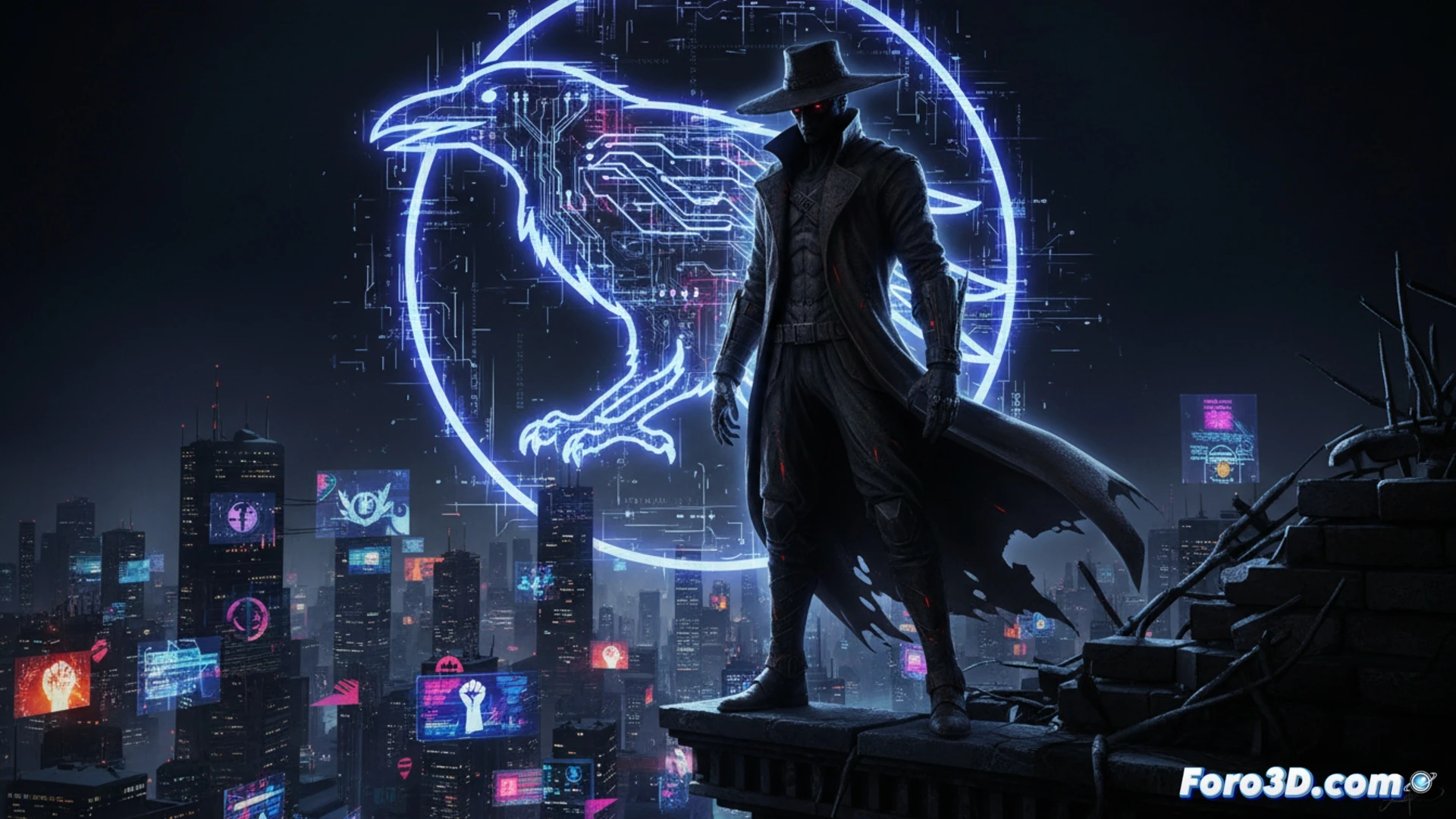 Night-Raven modelo 3D, vigilante inmortal con gabardina raída, activismo digital, escultura sombría y crítica social.