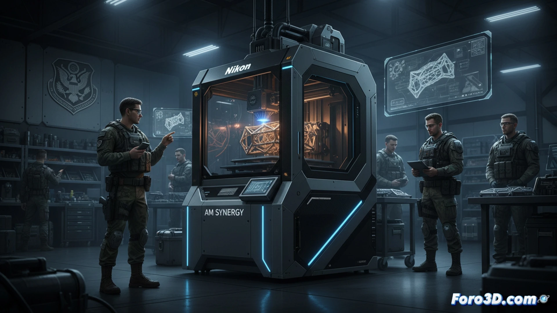 Una instalación militar de alta tecnología, con ingenieros revisando piezas metálicas impresas en 3D bajo luz azul; al fondo, logotipos de Nikon y EE.UU.