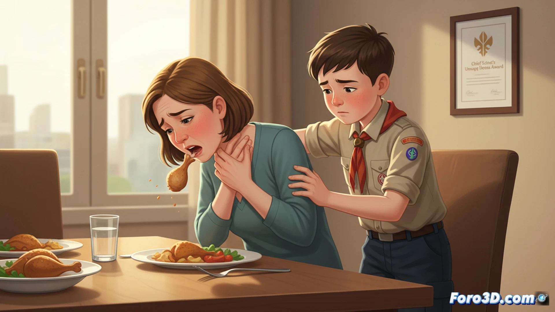 cinematic scene of a young boy in scout uniform performing back blows on his mother seated at a kitchen table, chicken piece flying out of her mouth mid-cough, kitchen setting with plates and utensils, boy’s hands in correct first aid position on her back, mother’s hands gripping table edge, dramatic lighting from overhead lamp, photorealistic style, motion freeze showing action process, detailed facial expressions of urgency and relief, warm domestic interior, soft focus on background chairs and cabinets