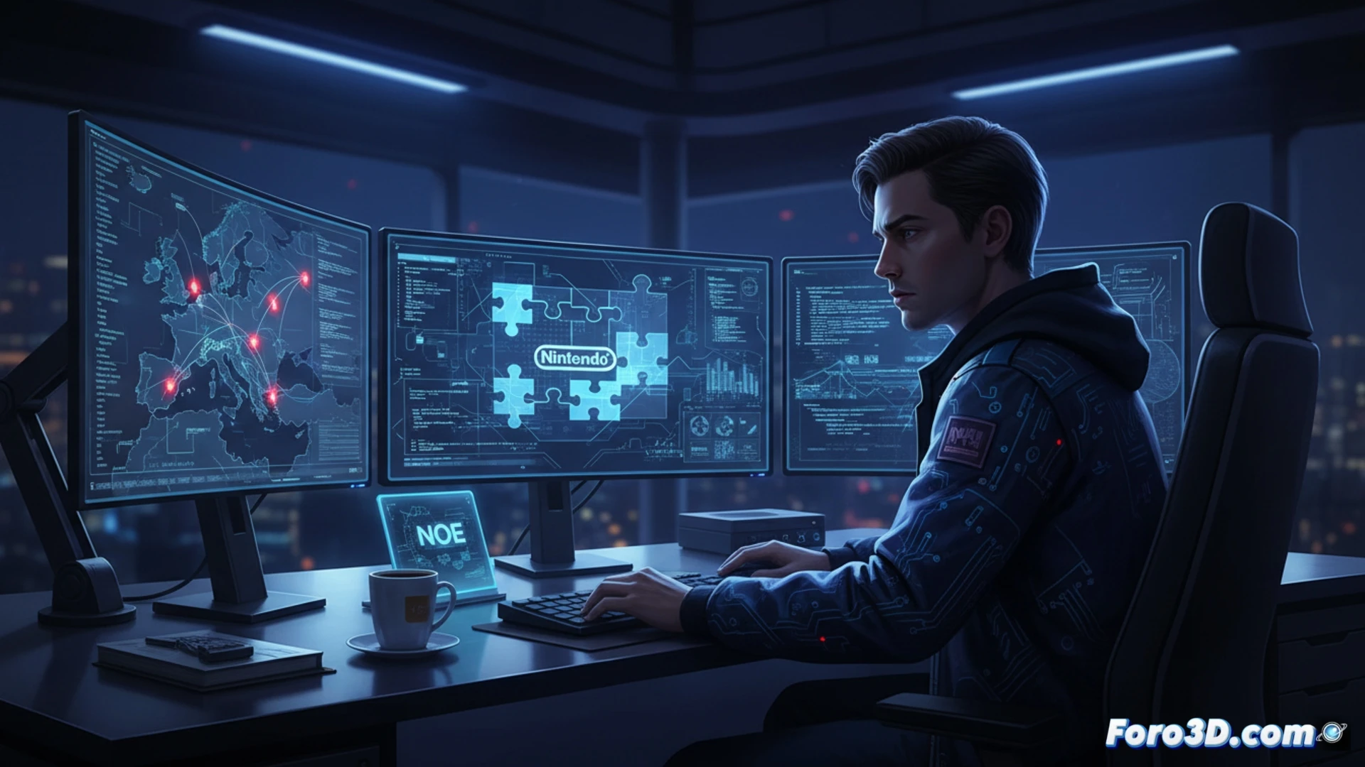 Una oficina moderna de Nintendo Europa. Un analista revisa datos en pantallas, con consolas y naipes antiguos sobre la mesa, vigilando transacciones digitales.