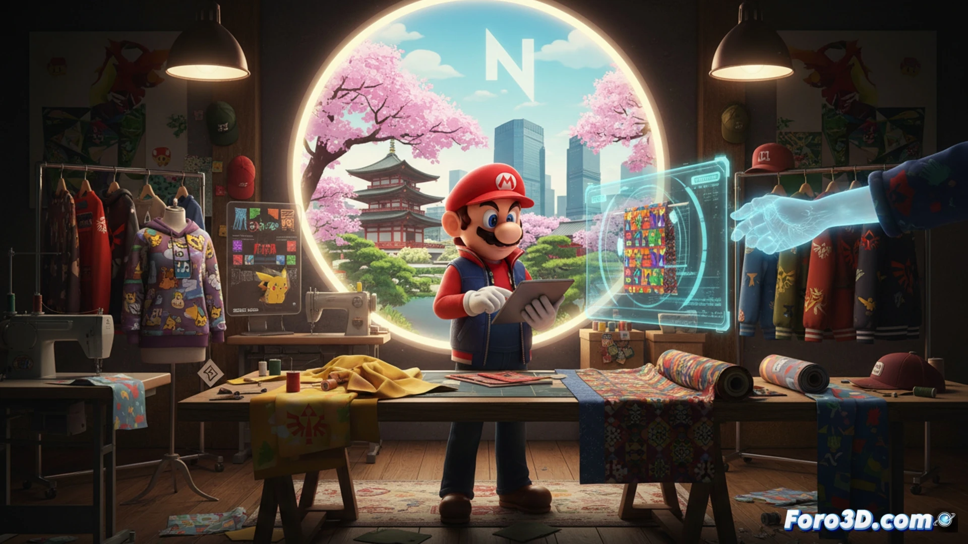 Un coordinador textil revisa patrones de tela en Kioto, junto a prototipos de Nintendo y naipes vintage.