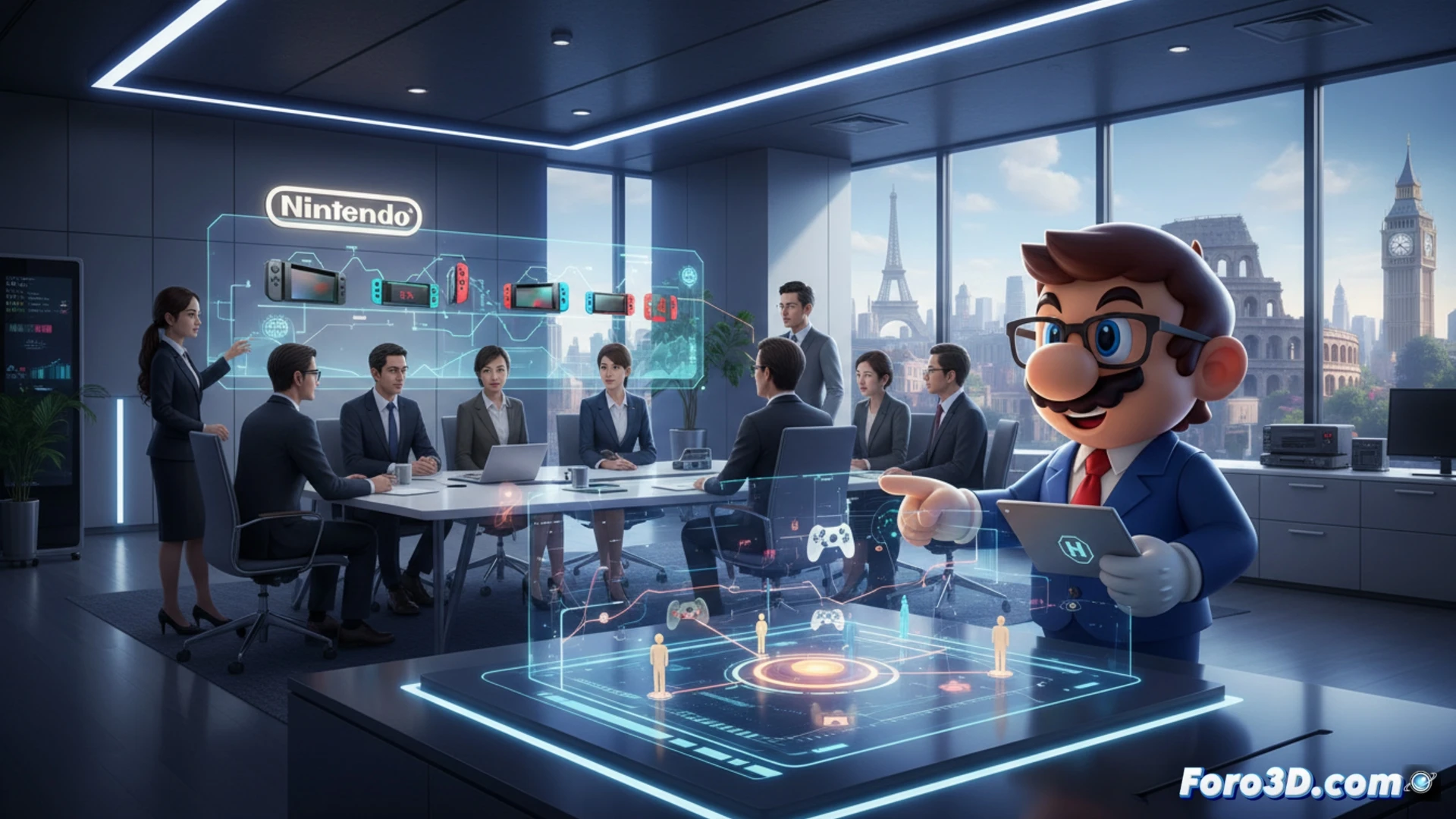 Descripción: Oficina moderna con logo de Nintendo, documentos de RRHH y pantalla mostrando datos de contratación.
