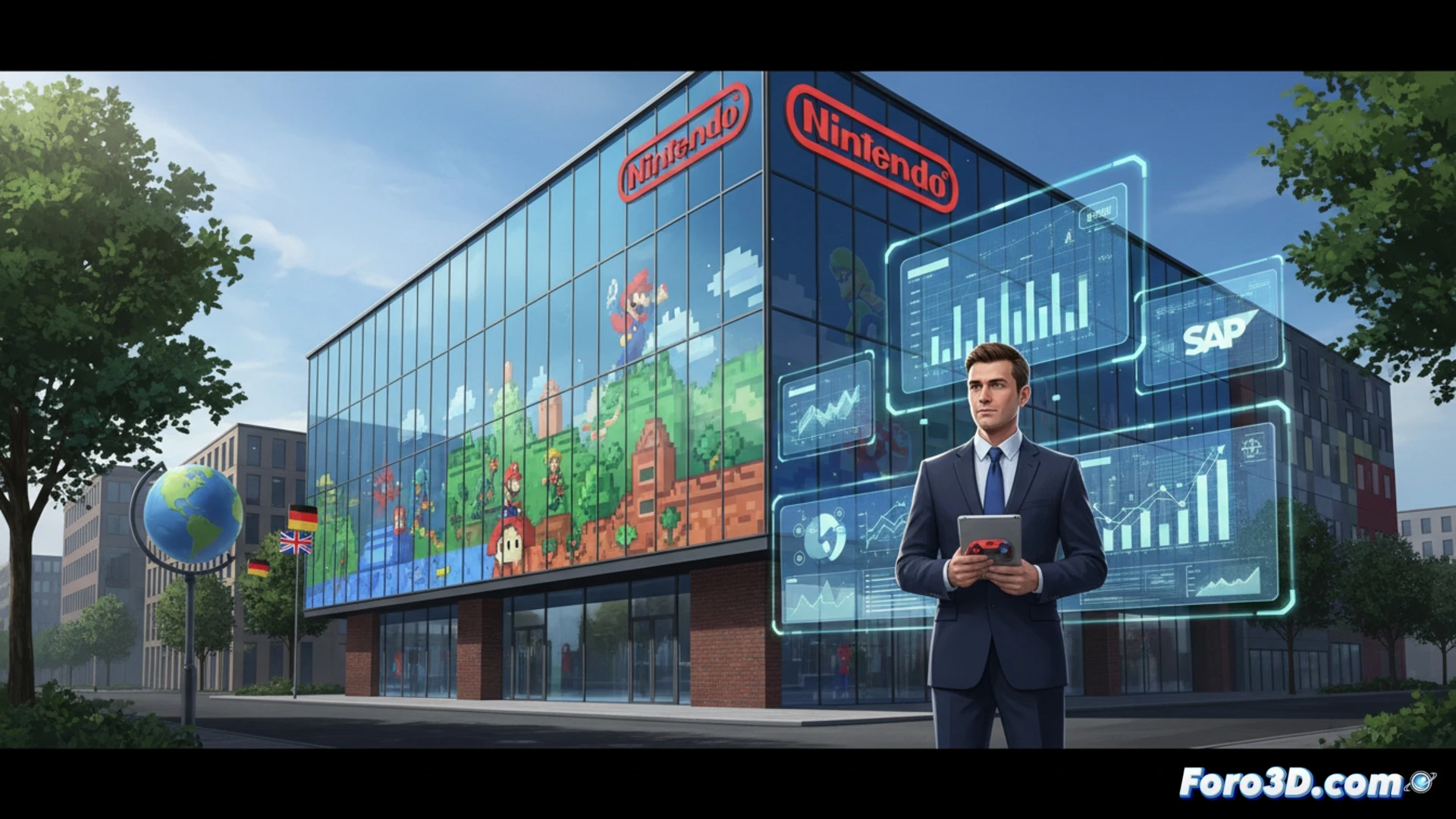 Un ejecutivo revisa gráficos financieros en pantalla, con logo de Nintendo y texto 'Senior Controller Frankfurt' al fondo.