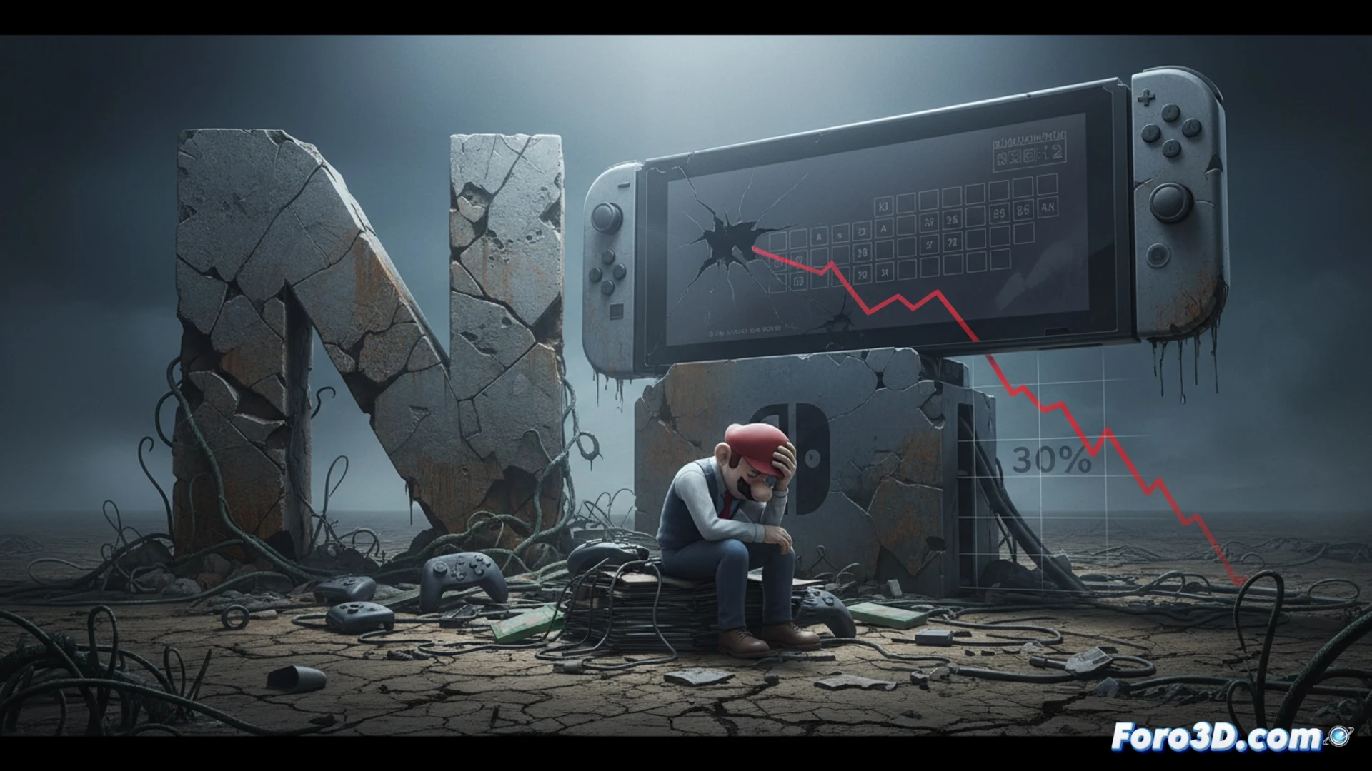 Un gráfico de acciones de Nintendo en rojo cae un 30%, con una consola Switch 2 solitaria y polvorienta junto a un calendario casi vacío.