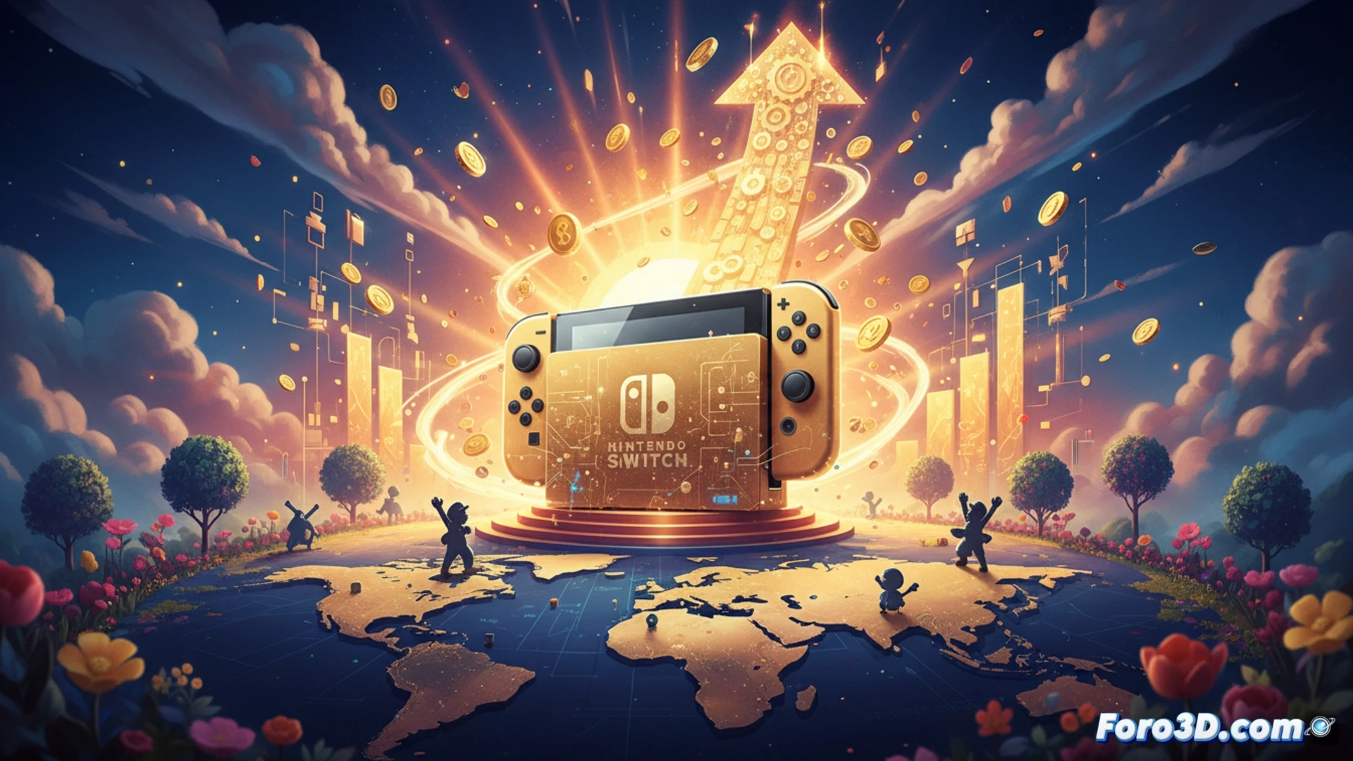 Nintendo muestra una consola Switch brillante sobre una montaña de monedas de oro, con gráficos de ventas en aumento y banderas de América, Europa y Japón al fondo.