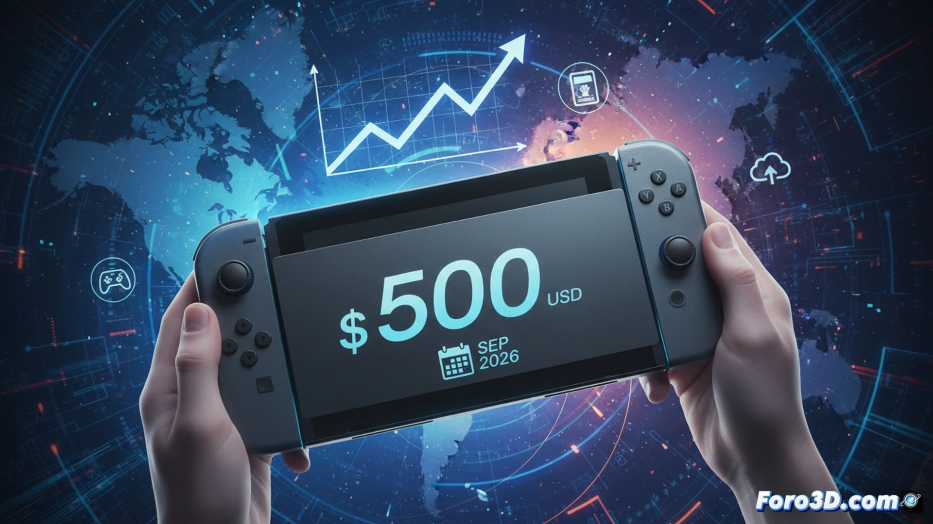 Nintendo Switch 2 en vitrina digital, precio sube a 500 dólares en septiembre 2026, con gráfico de alza y monedas.