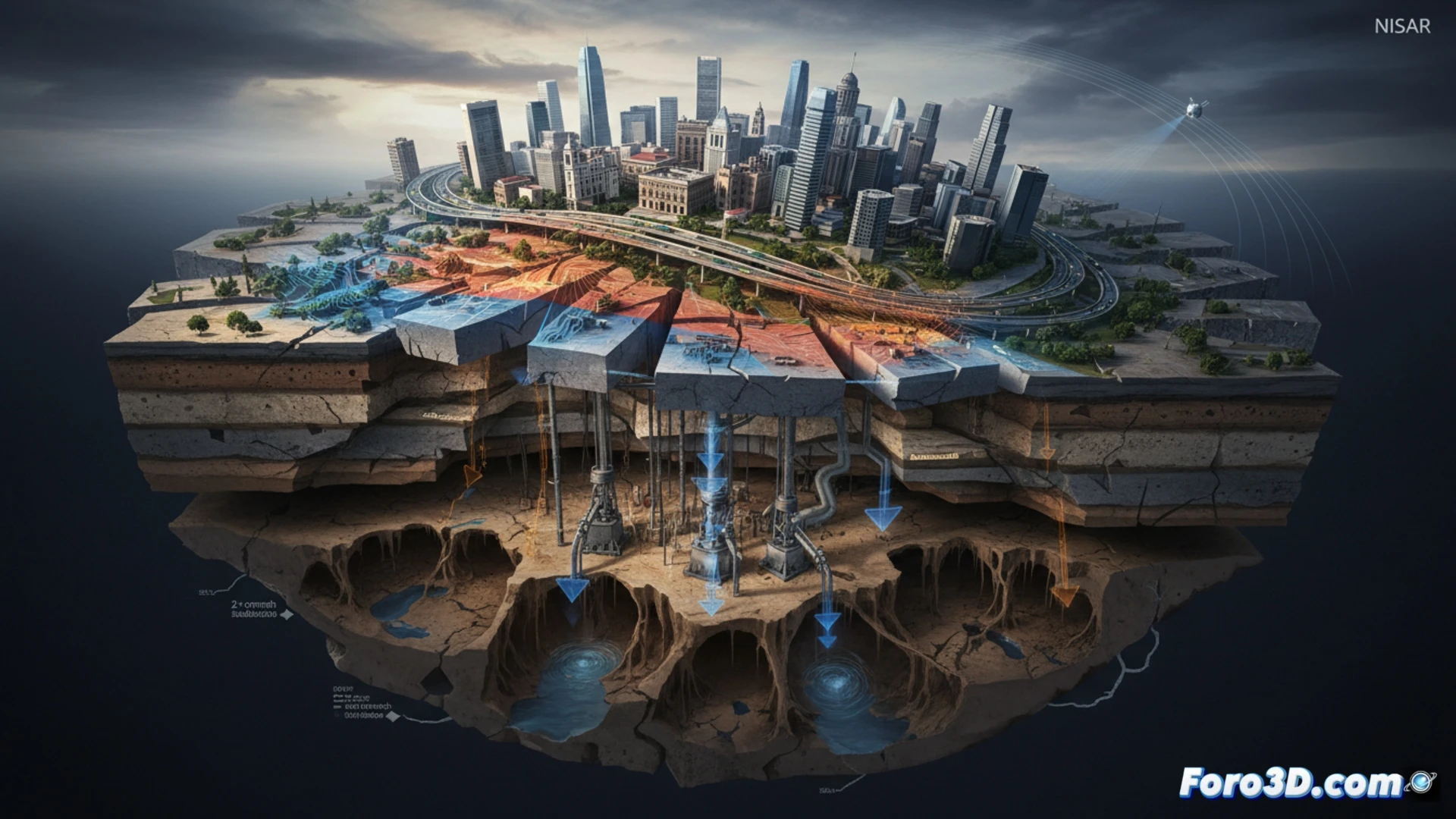 Imagen satelital 3D de la Ciudad de México mostrando zonas rojas de hundimiento acelerado por extracción de agua subterránea