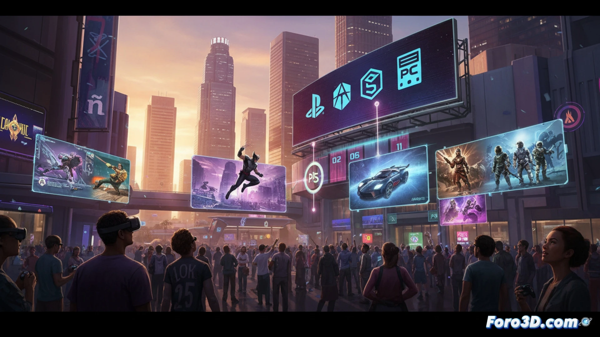 Summer Game Fest stage setup during live broadcast, Sony State of Play logo projected on massive screen behind presenter, multiple gaming consoles including PS5, Xbox Series X, and Switch 2 displayed on illuminated pedestals, developers demonstrating Marvel's Wolverine gameplay on ultra-wide monitors, crowd of attendees watching from theater seats, handheld cameras and boom microphones capturing the action, cinematic technical illustration, dramatic blue and purple stage lighting, metallic hardware reflections, photorealistic engineering visualization