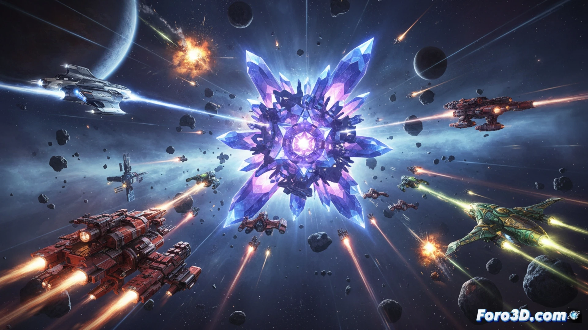 Three player factions in crystalline armor clashing inside a derelict space station, swarm of hostile drones converging on a central Glass Hive alien ship, jetpack trails and laser fire crisscrossing the battlefield, damaged holographic faction terminals flickering below, cinematic sci-fi combat scene, detailed spacecraft hull textures, volumetric debris clouds, dramatic backlighting from reactor breaches, photorealistic engineering visualization, glowing faction insignias on armor and weapons, ultra-detailed mechanical joints on drones, high-contrast industrial lighting