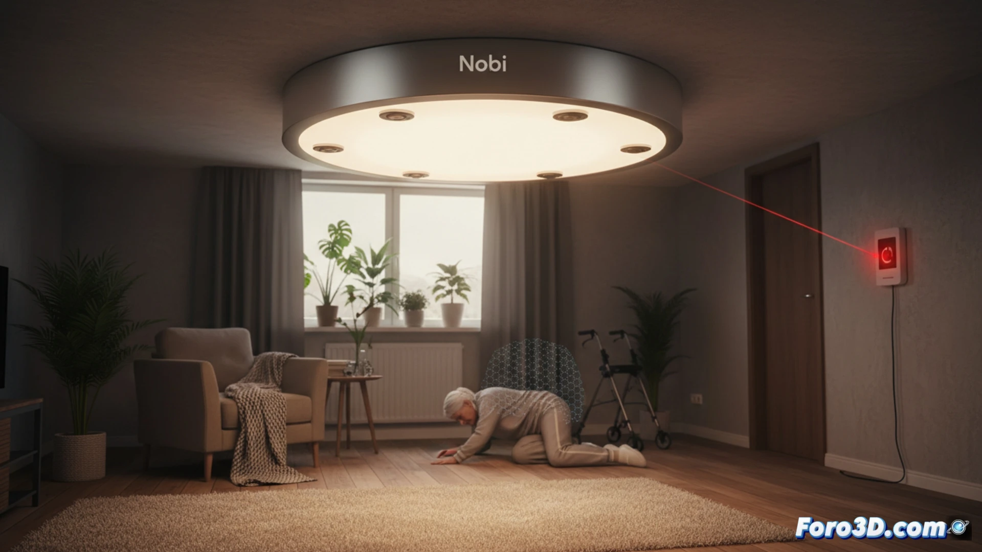 Lámpara Nobi en techo con luz tenue y silueta de persona mayor caminando en habitación