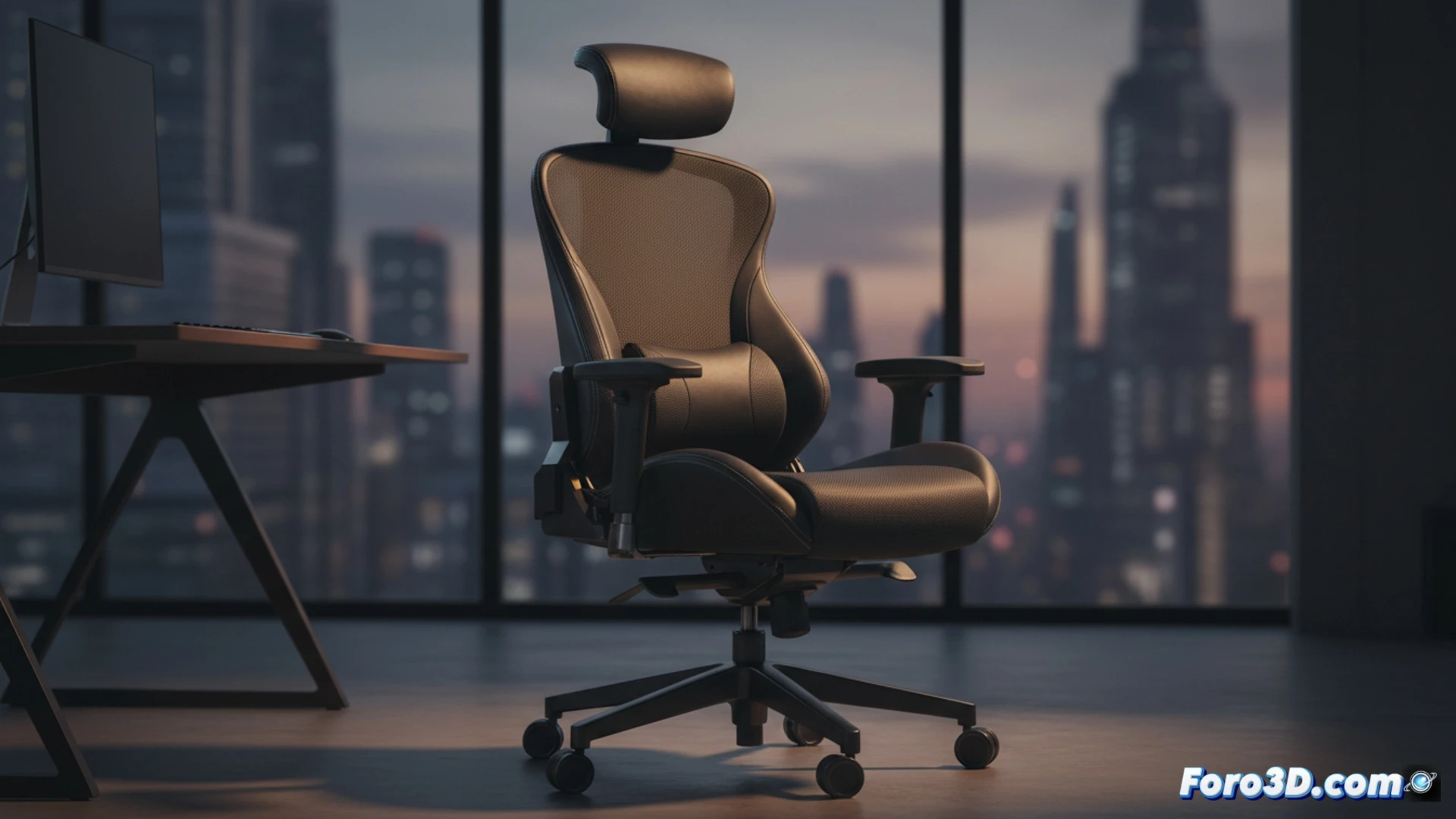 Noblechairs Aura ergonomic chair mechanism in motion, backrest and seat moving synchronously while user adjusts integrated lumbar support without any loose cushions, hands demonstrating smooth lever control during recline action, exposed internal steel frame and gas lift piston under the seat, cinematic engineering visualization, polished black mesh backrest, brushed aluminum armrests highlighted by soft desk lamp glow, photorealistic technical render, clean workspace background, dynamic posture adjustment sequence frozen mid-motion