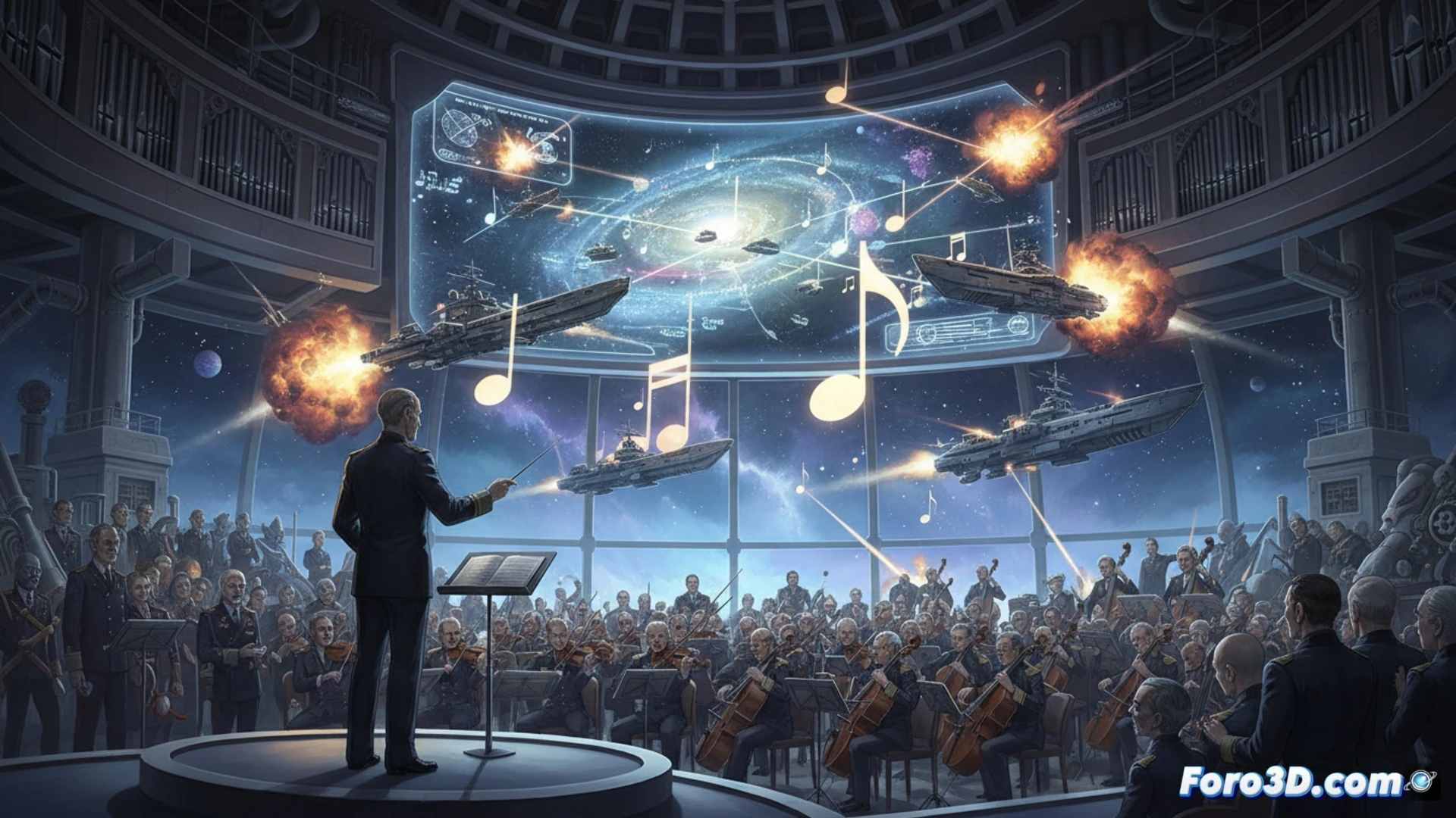 Un retrato de Noboru Ishiguro, con naves espaciales clásicas y partituras musicales flotando en un cosmos estrellado.