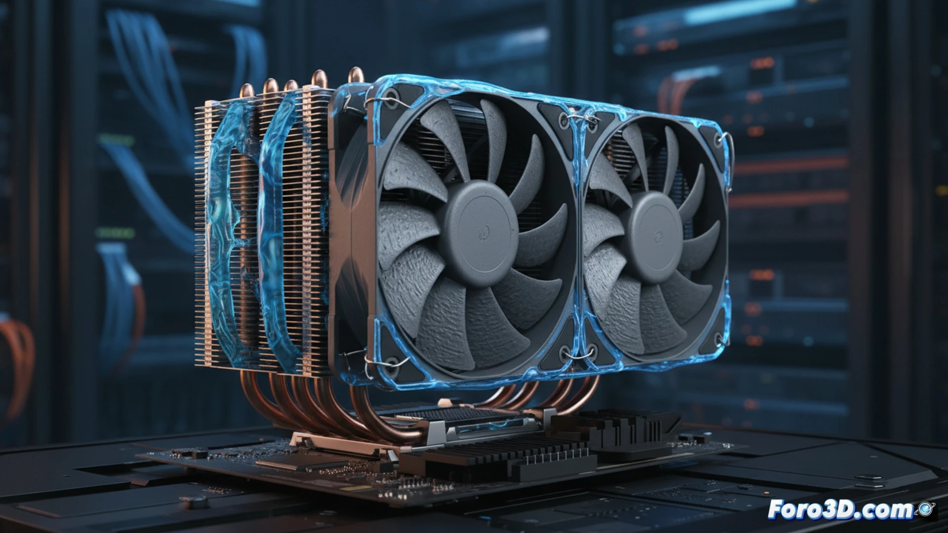 noctua nh-d15 g2 cooler installation process, eight copper heatpipes visible extending from nickel-plated base into fin stack, two liquid crystal polymer fans mounted on each side with rigid blades showing zero vibration during operation, thermal paste being applied to cpu die under bright workshop lighting, motherboard pcb with vrm heatsinks and ram slots in background, cinematic engineering visualization, metallic copper and silver tones contrasting with black fan frames, macro photography depth of field, ultra-detailed heatpipe geometry, photorealistic technical illustration