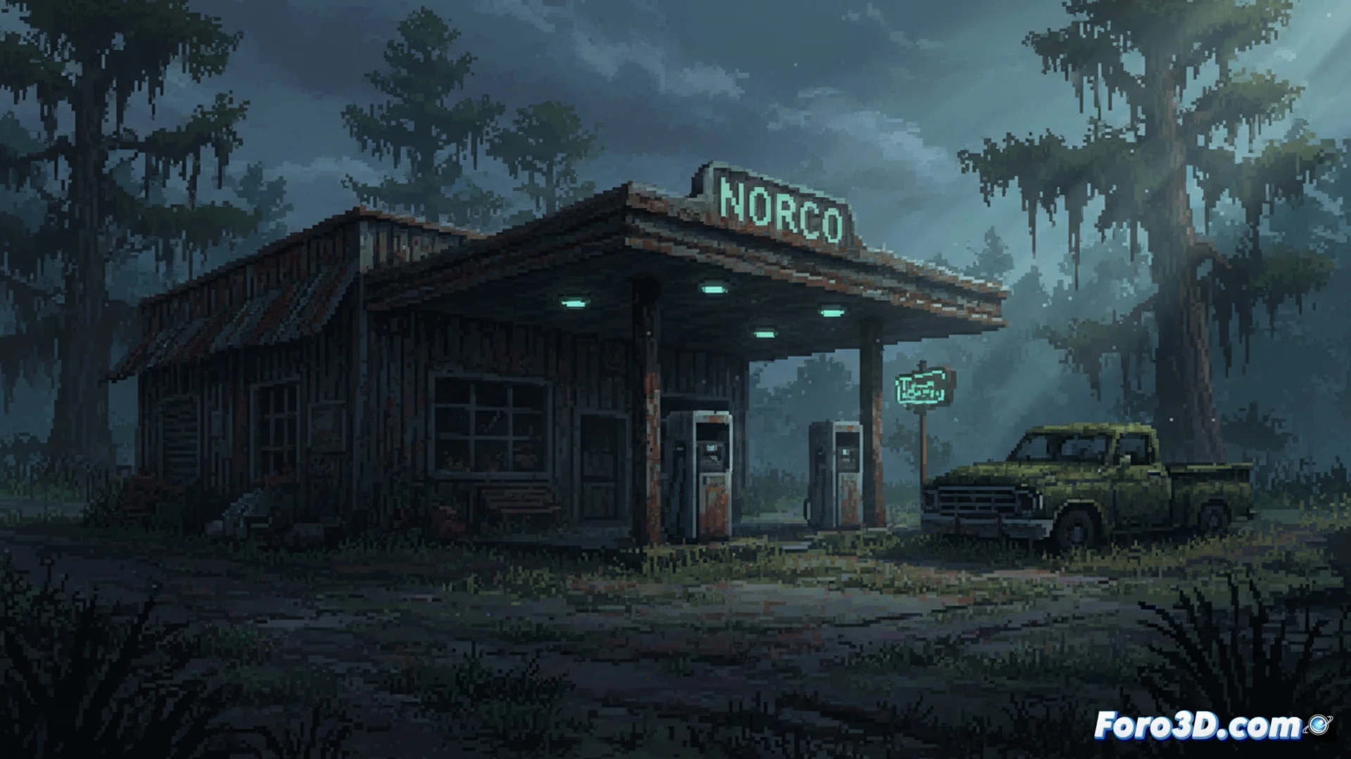 Captura de NORCO con pixel art gótico sureño, iluminación ambiental opresiva y detalles de pantano en Unity