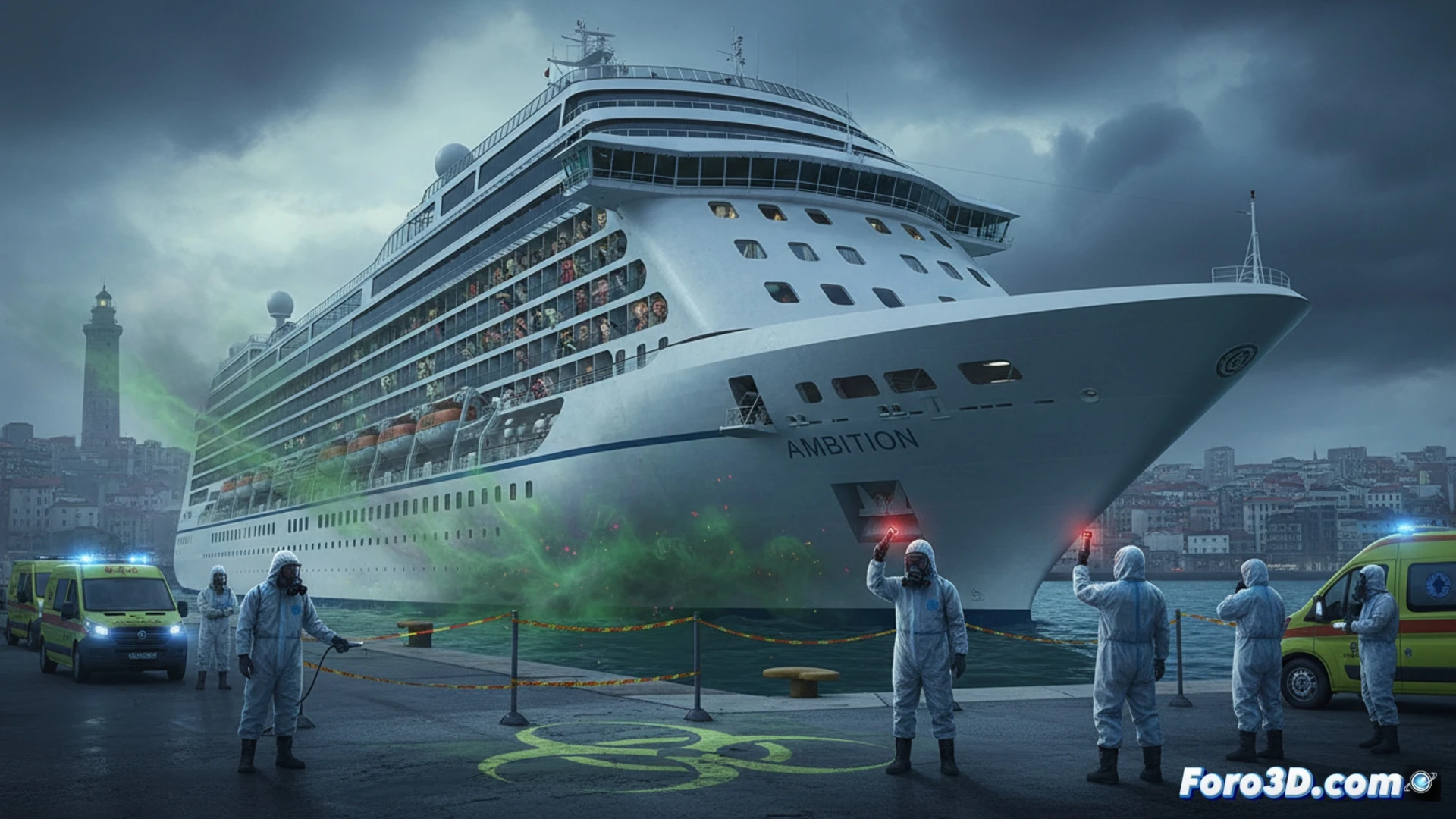 large cruise ship Ambition docked at A Coruña port, Muelle de Trasatlánticos at 9:30 AM morning light, health authorities in hazmat suits boarding with inspection tablets, passengers visible on deck wearing masks, crew members deploying disinfection spray equipment along gangway, norovirus warning signs displayed, maritime operational scene, photorealistic technical illustration, industrial harbor atmosphere with cranes and cargo containers, dramatic overcast sky, reflective wet pavement, ultra-detailed ship hull and port infrastructure, cinematic documentary style, realistic lighting from low sun, sharp focus on safety protocols and medical response equipment