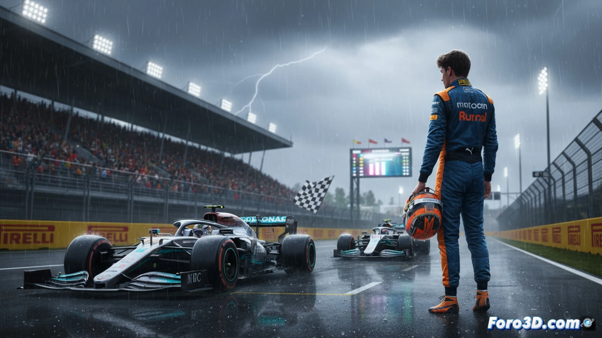 McLaren MCL39 pit garage during wet Canadian GP qualifying, mechanics adjusting front wing angle with digital torque wrenches, Lando Norris helmet visor reflecting timing screens showing P3, Mercedes W16 rear diffuser steam rising from wet track, rain droplets on carbon fibre, engineering screens with telemetry data, cinematic motorsport photography, metallic blue and orange team colours, dramatic overcast lighting, photorealistic technical illustration