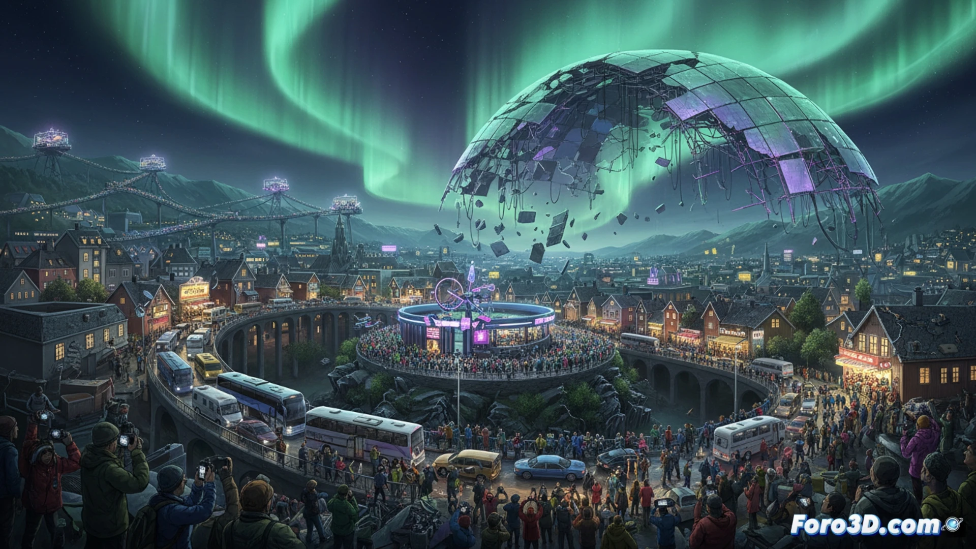 Una multitud abrigada abarrotando calles nevadas de Tromsø bajo auroras verdes, autobuses varados y luces de tiendas saturadas.