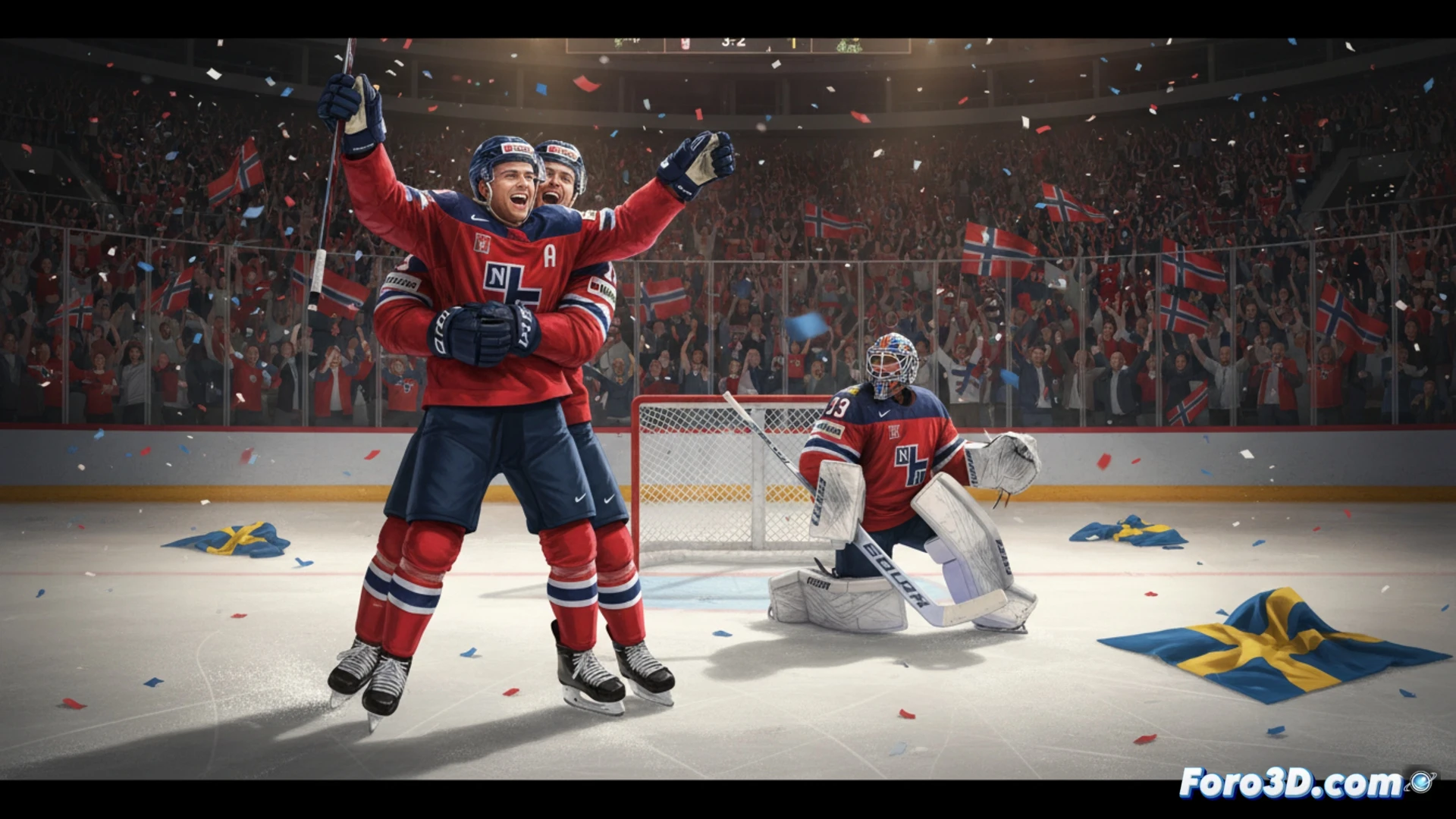 hockey player in red jersey scoring a goal against blue team, stick blade making contact with puck mid-air, goalie in blue pads diving left with glove extended, ice shavings spraying from skate edges, arena lights reflecting off wet ice surface, crowd blurred in background, two opposing players racing toward the net, cinematic sports photography style, frozen moment of impact, dramatic side lighting from overhead, photorealistic action shot, motion freeze technique, high contrast between red jersey and white ice