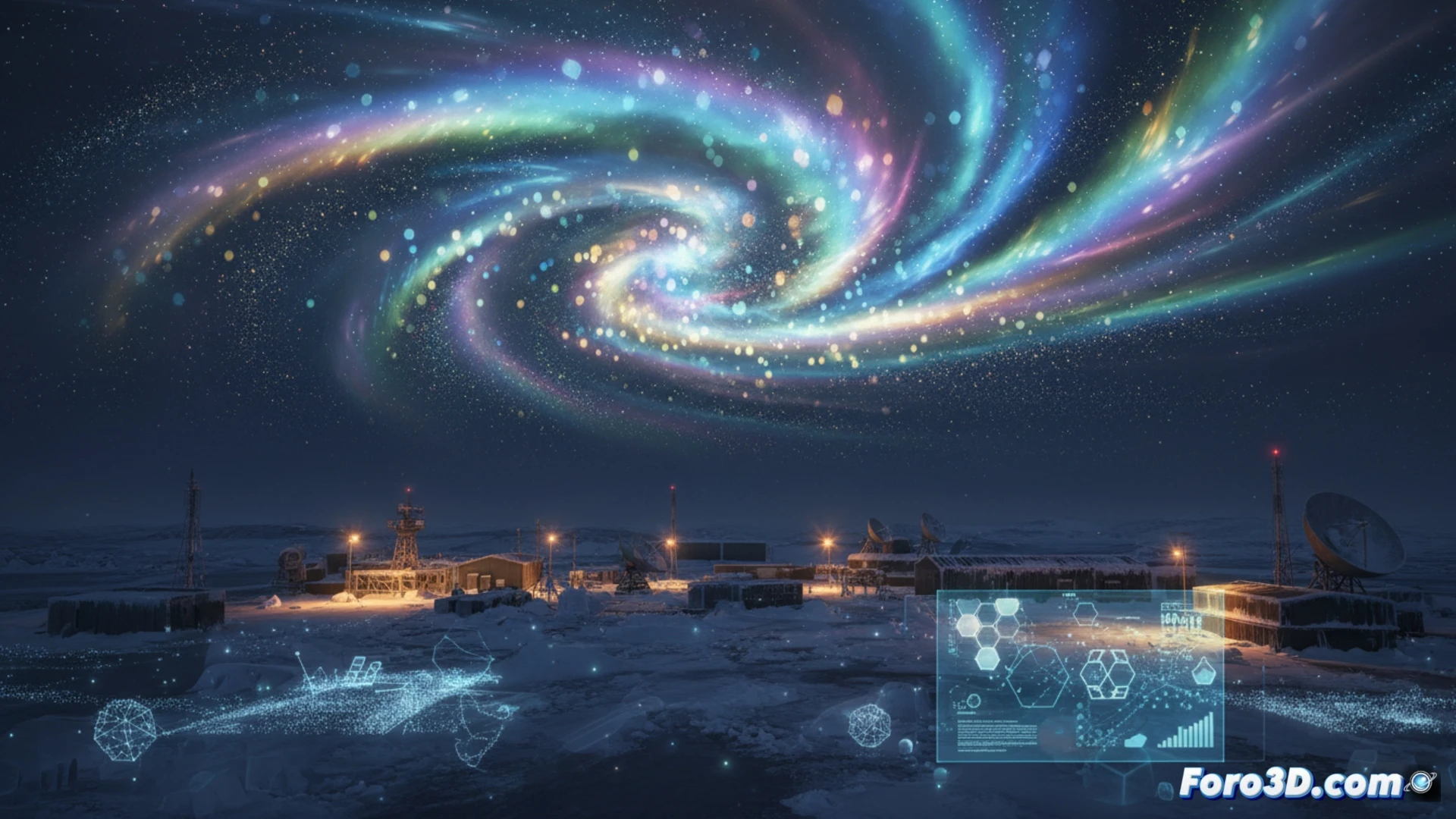 Nubes iridiscentes antárticas con colores pastel sobre Base McMurdo, renderizadas en Unreal y Houdini