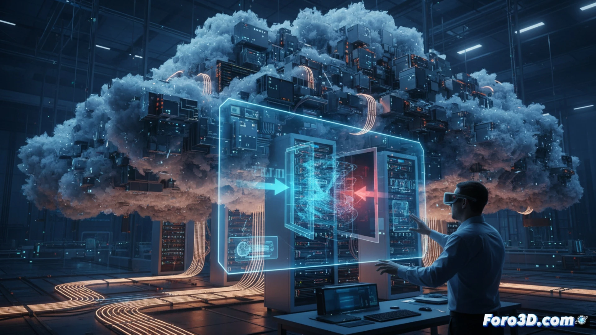 Imagen de un ingeniero cloud frente a un modelo 3D de un datacenter. Se ven racks, cables y flechas de flujo de aire frío. El ingeniero señala un punto caliente en la simulación. Ilumina el centro de datos con luz azul y naranja, estilo futurista.