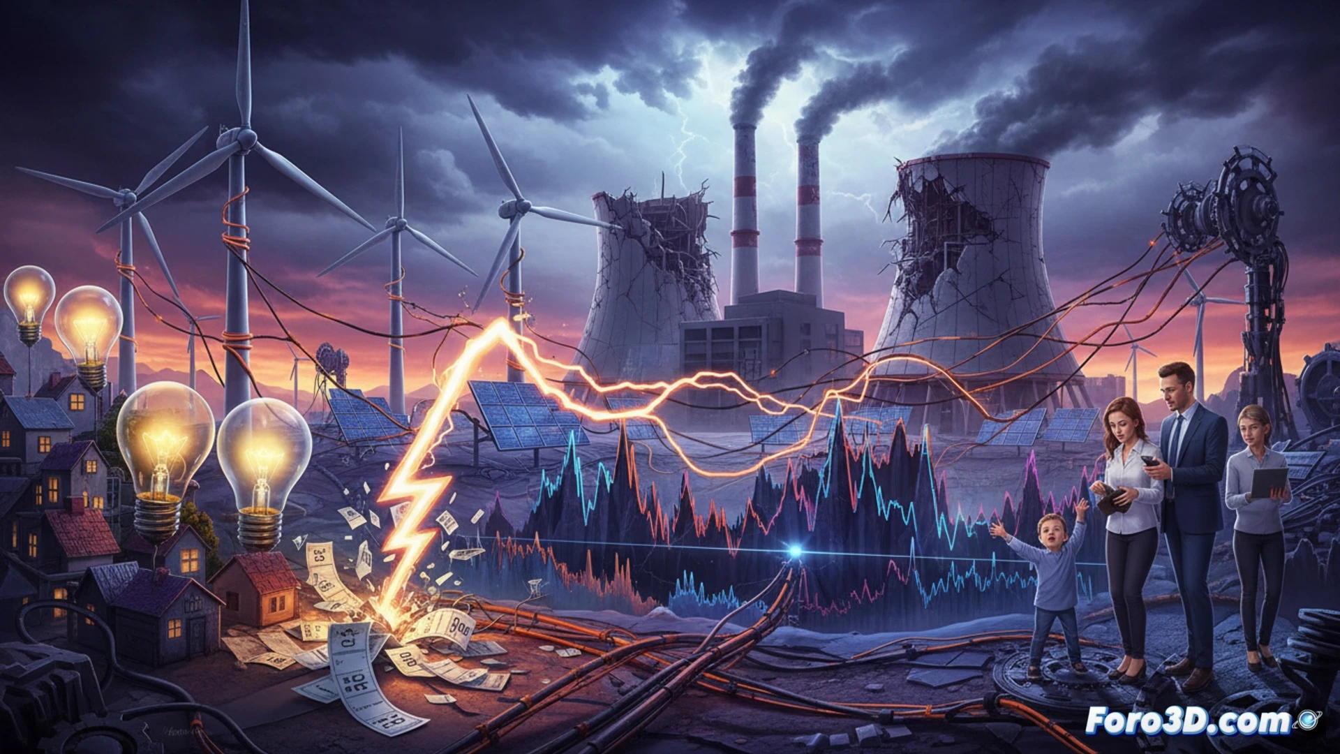 Una gráfica de líneas muestra un marcado pico de precios en el mercado eléctrico, mientras una central nuclear aparece apagada al fondo, simbolizando la inestabilidad.