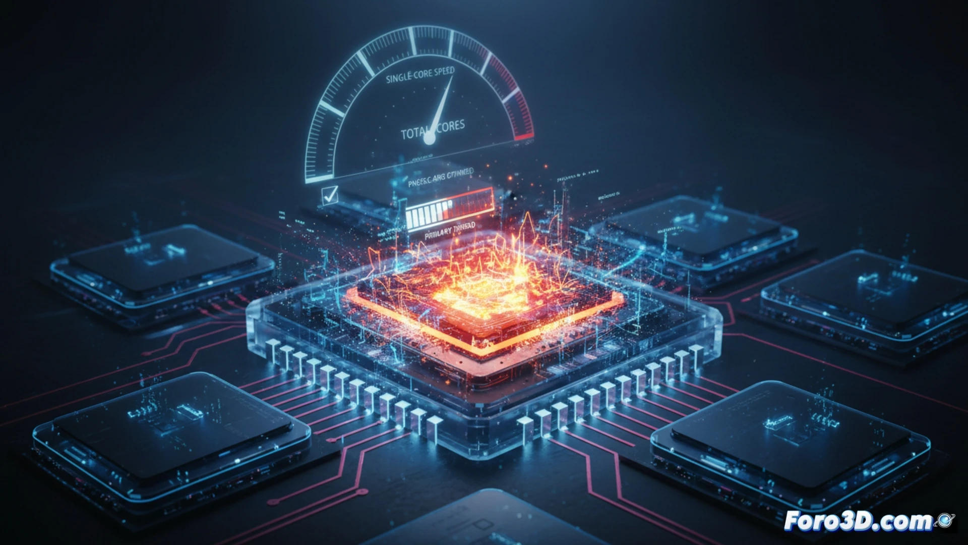 Gaming CPU performance bottleneck visualization, single-core thread saturated at 100% load while surrounding cores remain idle at 0% activity, task manager window showing core utilization graph with one core glowing red hot, other cores dim grey, game engine process demonstrating physics calculations bottlenecked on a single execution thread, photorealistic technical illustration, cinematic macro shot of processor die with heat visualization, glowing data pathways on one core, cool blue inactive cores, hyper-detailed silicon wafer texture, dramatic contrast lighting, engineering visualization style