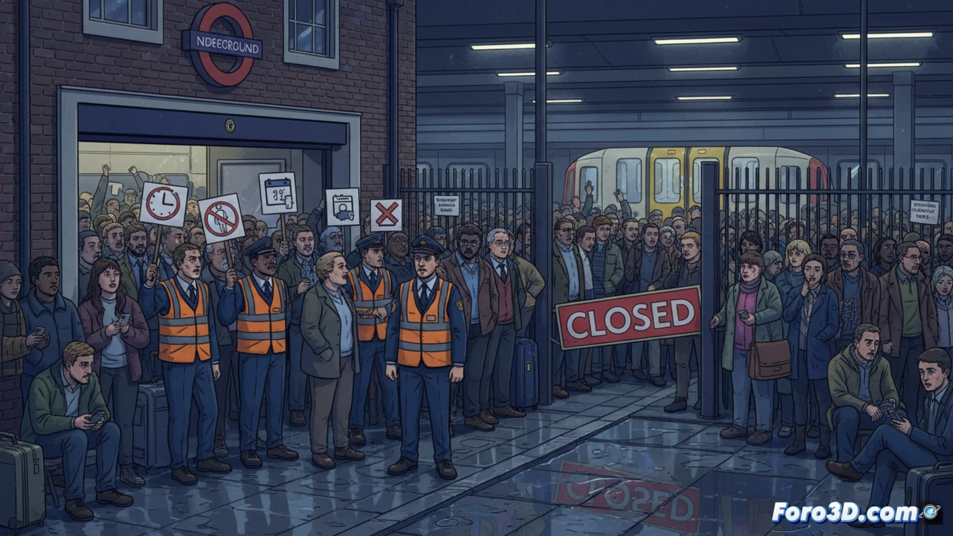 London Underground train stopped at dimly lit platform, station clock showing 12:00, driver standing outside cab holding union strike sign, empty train doors open, signal box showing red stop light, platform barriers closed, passengers waiting frustrated behind yellow safety line, cinematic photorealistic technical illustration, gritty industrial lighting, wet concrete floor reflecting neon tube lights, detailed mechanical components of train undercarriage visible, dramatic shadows, ultra-realistic texture on worn station tiles, intense atmospheric mood