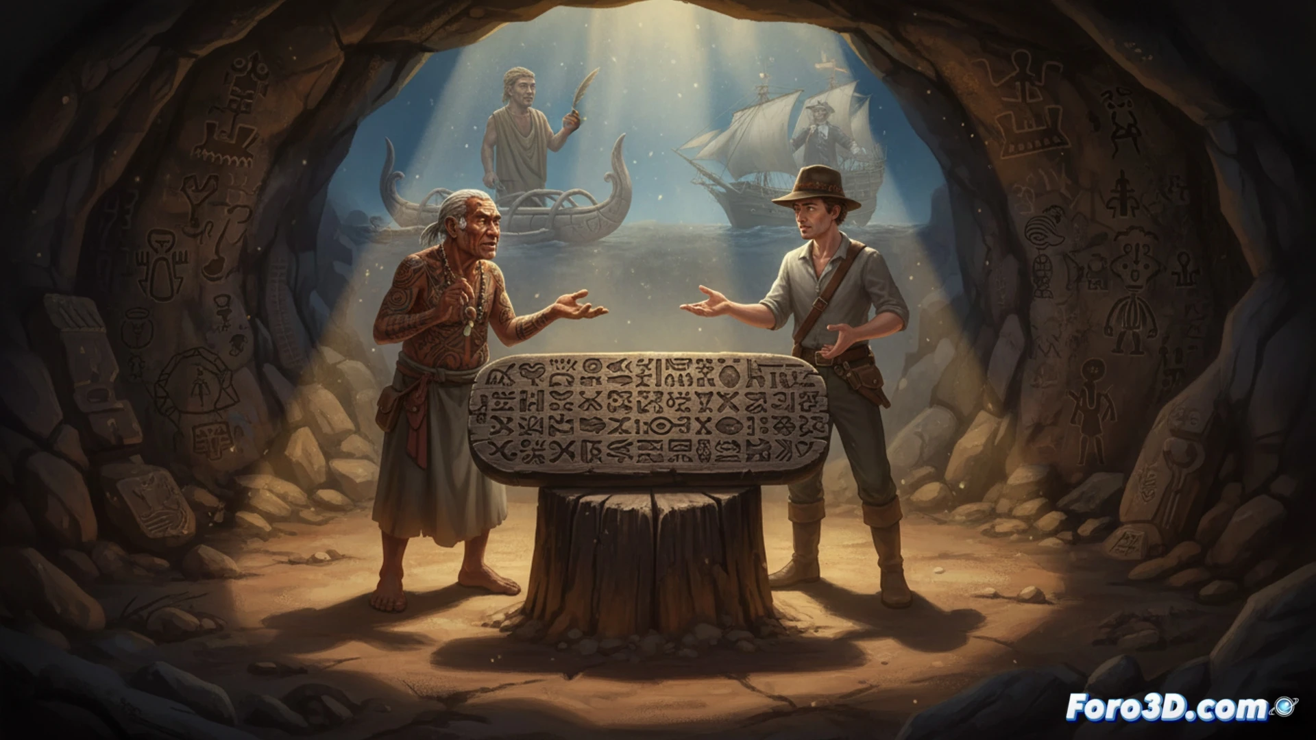 Photorealistic archaeological scene inside a dimly lit Rapa Nui cave, a researcher in protective gloves holding a magnifying glass over a weathered wooden tablilla covered in rongo rongo pictograms, a portable UV light revealing faint carved glyphs while a digital tablet displays a 3D scan of the same artifact, stone tools and charcoal fragments scattered on a nearby workbench, dramatic side lighting casting deep shadows across the ancient symbols, ultra-detailed wood grain texture, cinematic documentary style, dust particles floating in the light beam, technical archaeological illustration