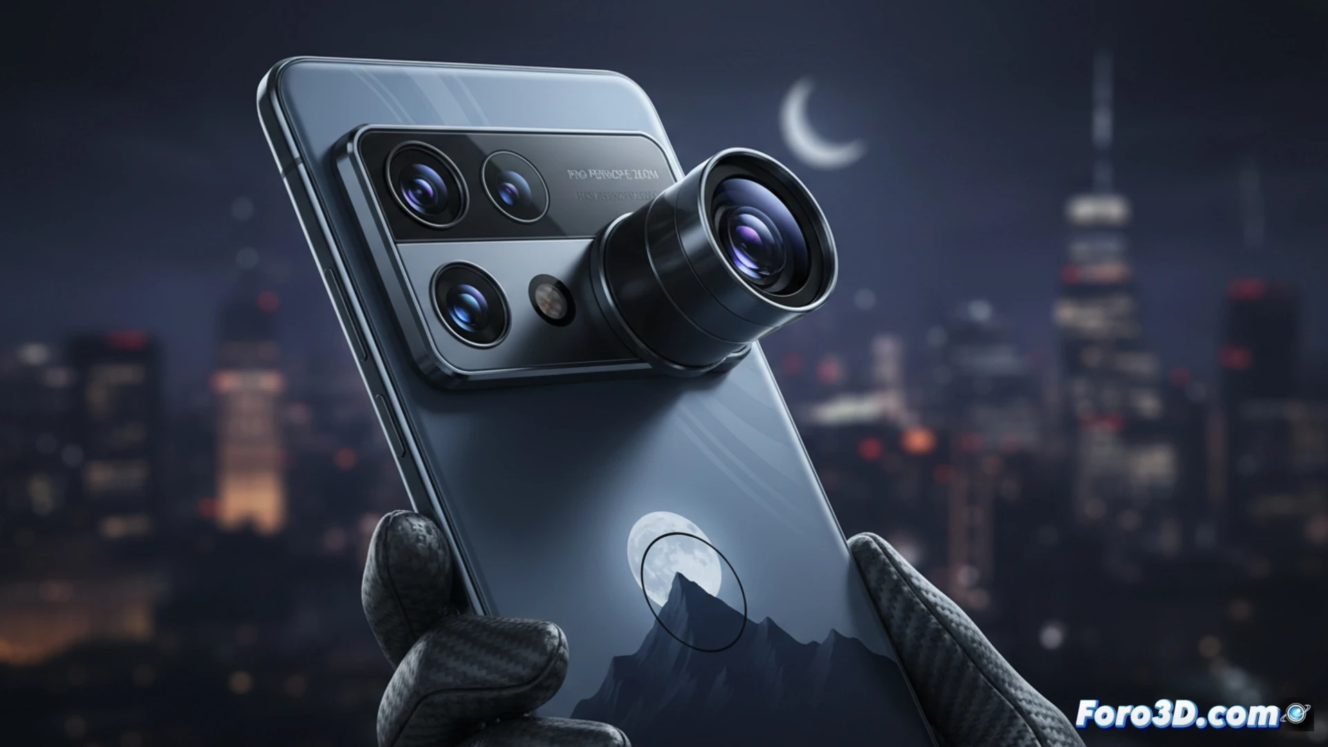 high-end smartphone with periscope telephoto lens extended during a zoom demonstration, optical glass elements reflecting blue light, professional photographer hand adjusting focus ring on a tripod-mounted phone, sunlit outdoor scene with distant mountain details being captured, cinematic technical illustration, polished titanium frame, lens housing with intricate mechanical layers, sunlight creating lens flare, depth-of-field effect blurring background trees, photorealistic product visualization, ultra-sharp sensor details, dynamic lighting on metallic surfaces