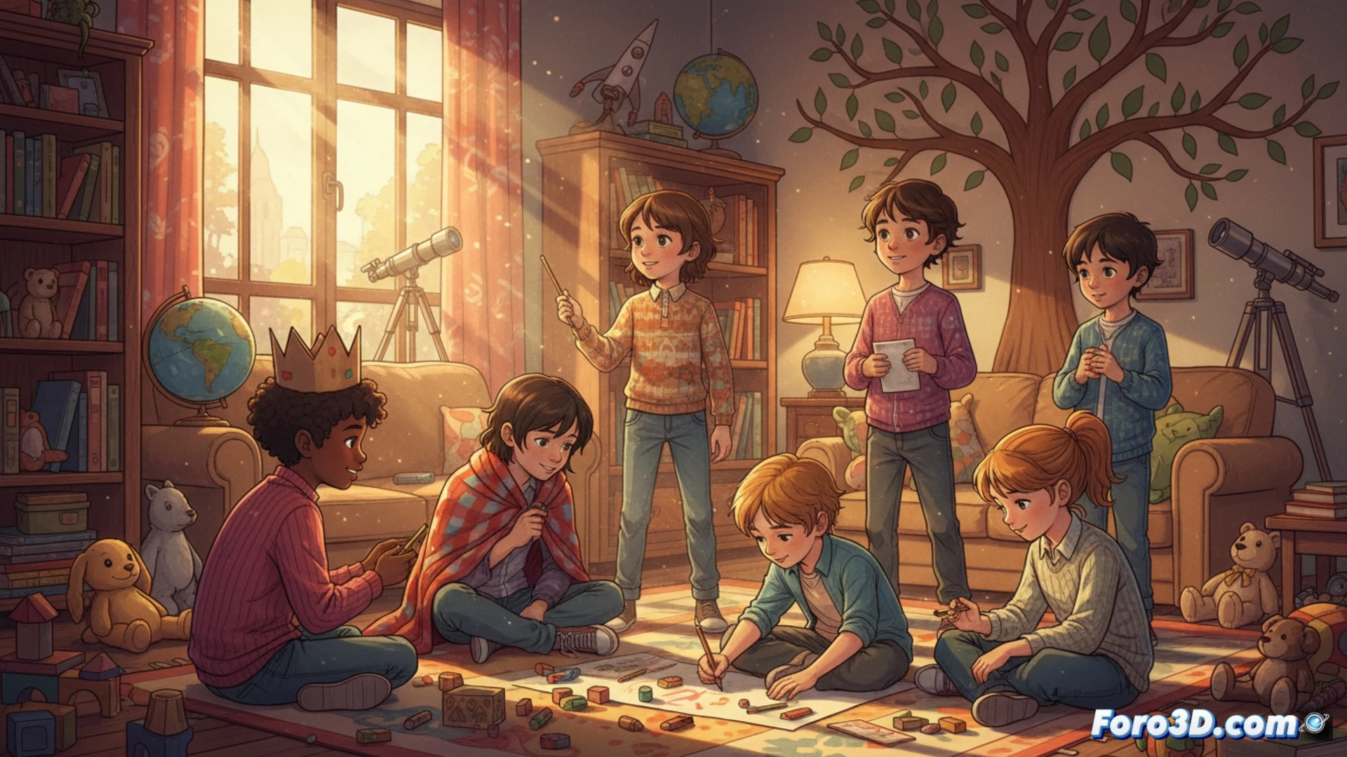 small community living room filled with warm sunlight, a child drawing colorful shapes on a large paper while a social worker kneels beside them pointing at the drawing, another child building with wooden blocks on a soft rug, two volunteers assembling a bookshelf in the background, warm cozy interior with plush sofas and plants, family photos on a wall, diverse children aged 3-12 laughing and interacting, photorealistic architectural visualization, soft golden hour lighting from large windows, depth of field emphasizing the drawing activity, cinematic humanitarian documentary style, ultra-detailed textures on fabric and wood, emotionally warm atmosphere, 8k technical render