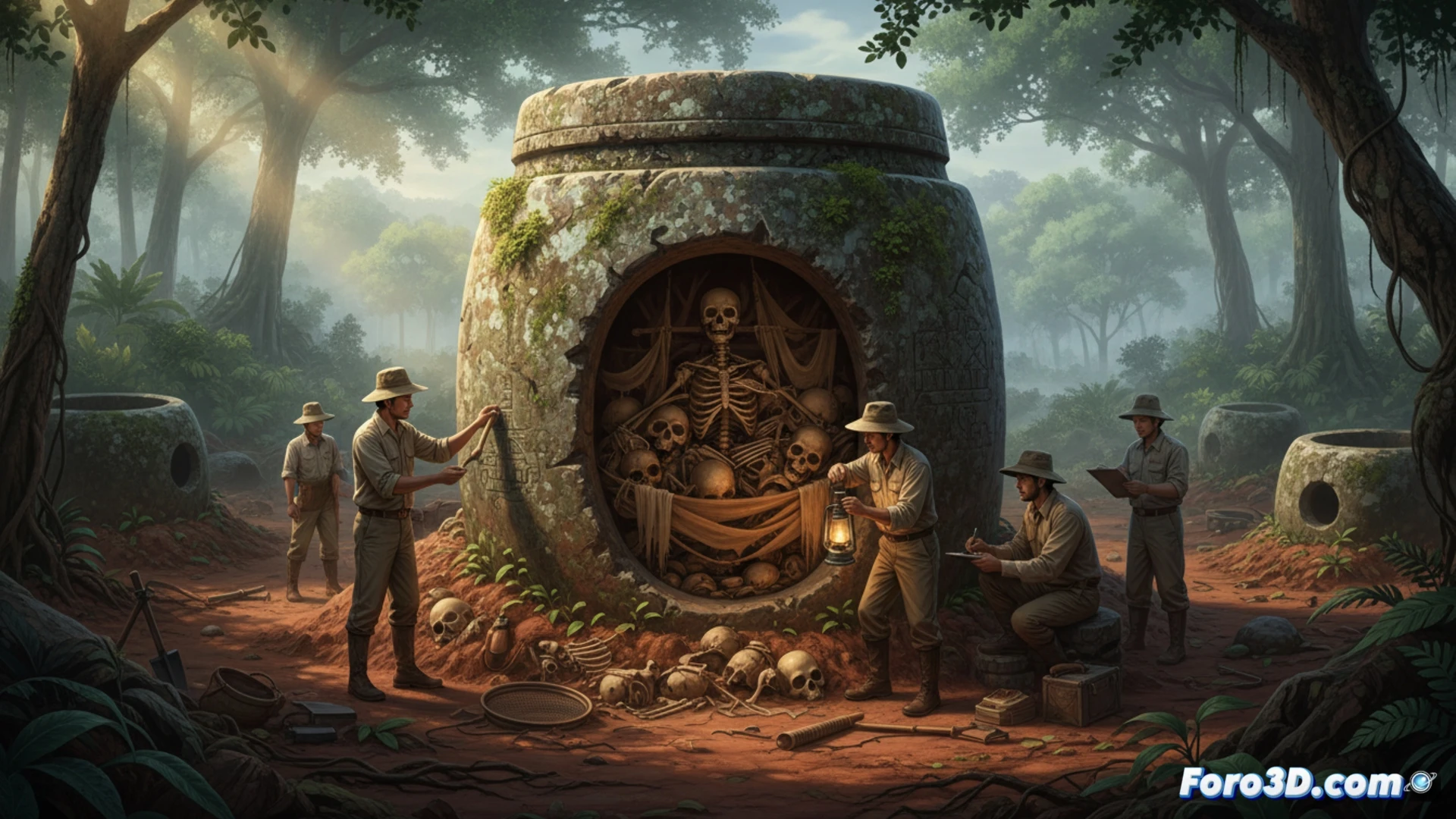 arqueólogos excavando una jarra de piedra de dos metros de ancho en Laos, restos óseos humanos visibles dentro de la vasija, herramientas de medición láser y pinceles de limpieza sobre la superficie, polvo levantado durante la excavación, vegetación selvática al fondo, iluminación natural de atardecer, estilo cinematográfico fotorrealista, textura rugosa de arenisca, sombras profundas, detalles de fracturas en la piedra, composición dramática de documental científico
