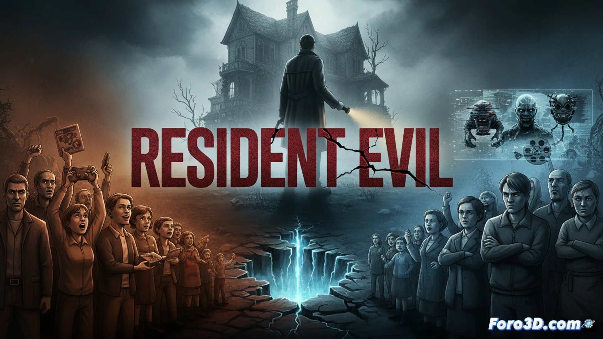 Un primer plano del nuevo logo de Resident Evil, tipografía sans serif negra con textura desgastada y grunge, sobre fondo oscuro. La 'R' roja resalta, evocando el juego original. A un lado, sombras de fans divididos: una mano sostiene el logo con nostalgia, otra lo observa con escepticismo.