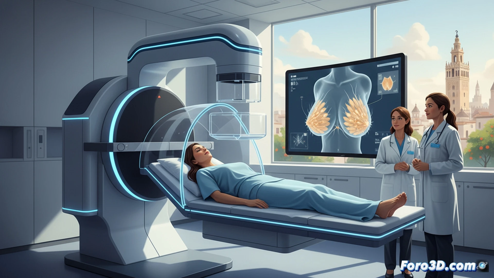Mamógrafo 3D de última generación en un hospital sevillano, técnico radiólogo ajustando el compresor de mama mientras la paciente está colocada, pantalla táctil mostrando reconstrucción tridimensional de alta resolución del tejido mamario, software de detección asistida resaltando microcalcificaciones sospechosas con marcadores de color, brazo rotatorio del equipo en movimiento durante la adquisición de imágenes, luces LED azules indicando funcionamiento activo, fondo clínico limpio con superficies blancas y acero inoxidable, iluminación suave y profesional, estilo fotorealista de visualización técnica médica.