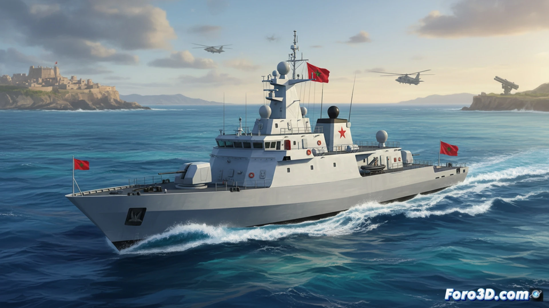 modern naval patrol vessel cutting through steel-blue Atlantic waves at high speed, bow spray misting over reinforced hull, radar mast scanning horizon, two crew members in tactical gear monitoring screens inside bridge with glowing radar displays, helicopter landing pad visible on aft deck, photorealistic maritime engineering visualization, dynamic ocean lighting, sharp metallic reflections, motion blur on wake, dramatic stormy sky with sun breaking through clouds, ultra-detailed deck equipment, realistic naval architecture render