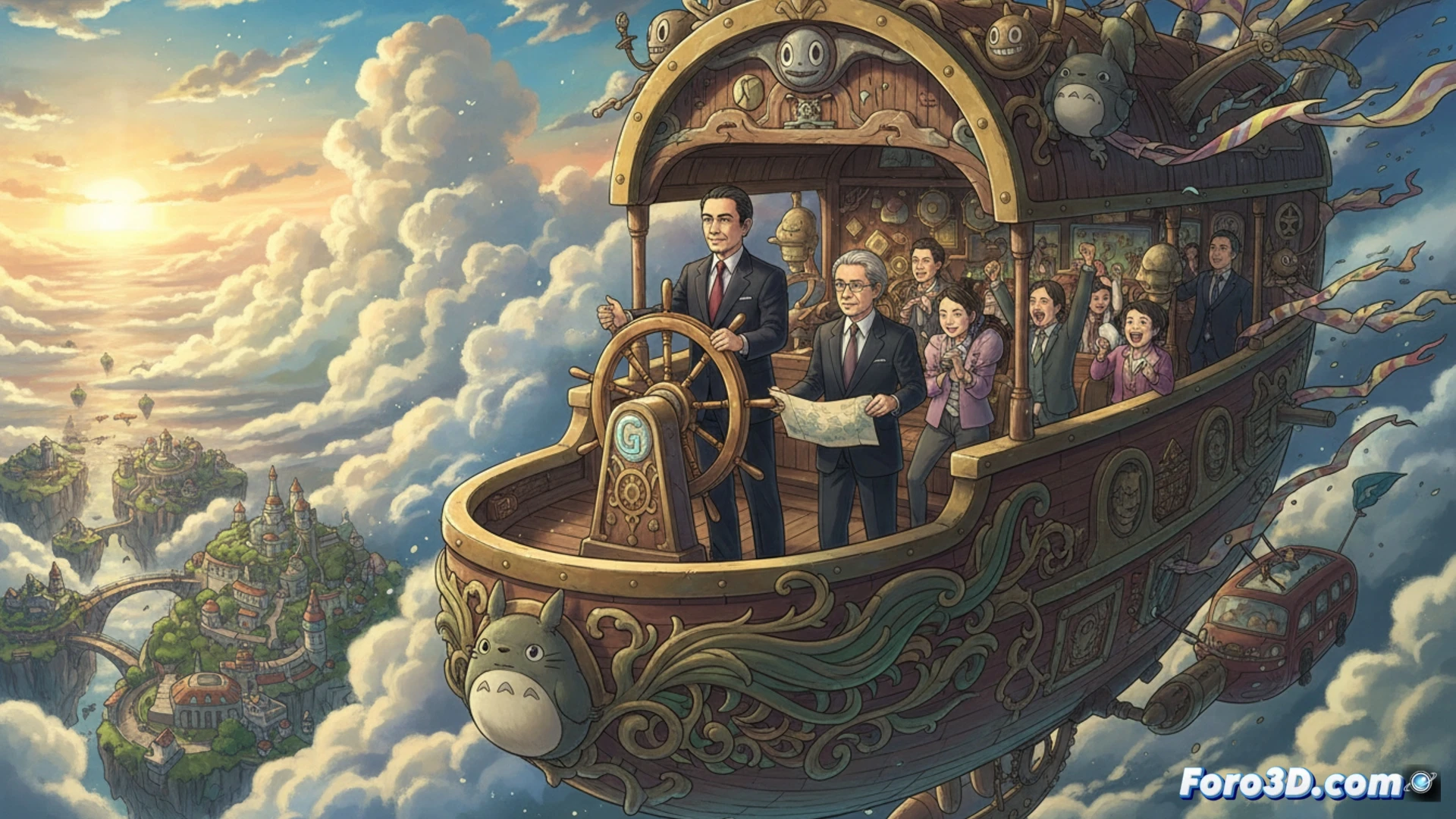 Japanese animation studio boardroom transition scene, Kenichi Yoda in a dark business suit shaking hands with Hiroyuki Fukuda in front of a large Totoro poster, Nippon TV branding visible on a tablet device on the polished wooden table, studio executives observing the handover process, cinematic photorealistic visualization, professional office lighting with warm wood tones, corporate documents and a miniature Ghibli museum model on the side table, dynamic composition capturing the leadership change moment, ultra-detailed textures on suits and animation artwork, dramatic shadows emphasizing the historic transition, technical corporate photography style