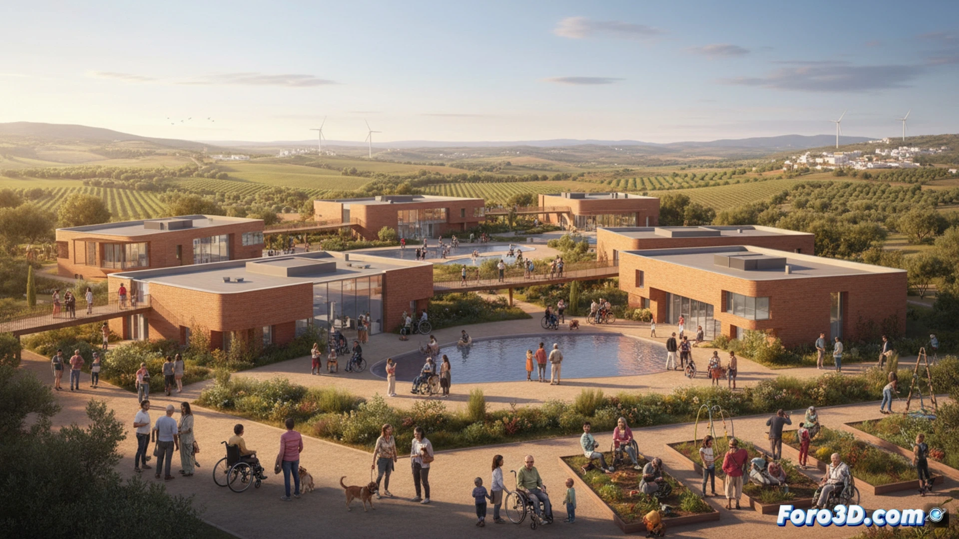 Una imagen moderna de un edificio accesible con rampas y jardines, rodeado de personas diversas sonriendo, simbolizando inclusión y autonomía en Castilla-La Mancha.
