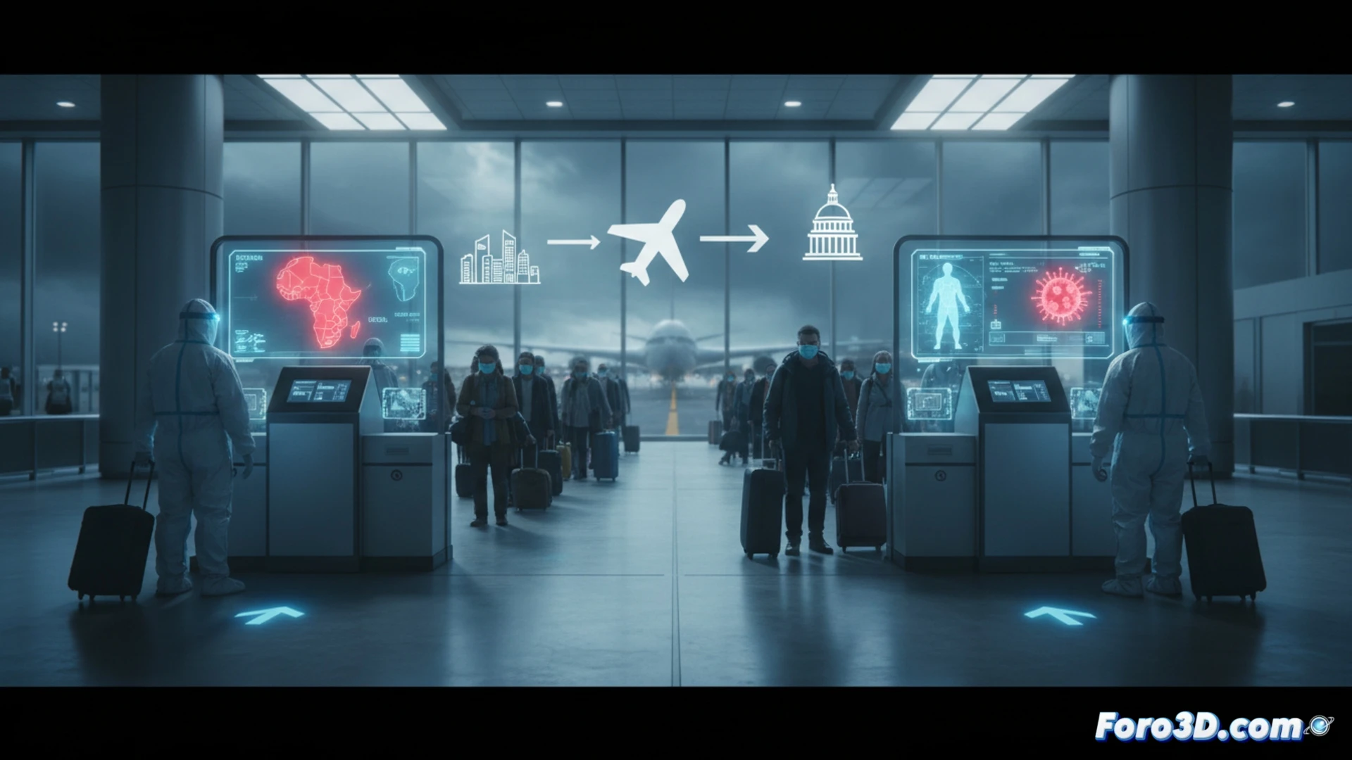 airport tarmac scene at Washington Dulles at dusk, medical screening station with thermal cameras and handheld scanners, passengers in protective masks lining up near a parked Boeing 787, CDC technicians in hazmat suits checking a tablet showing live biometric data, luggage being disinfected by UV conveyor system, blue hazard lights flashing on emergency vehicles, realistic airport infrastructure, polished concrete floor reflecting terminal lights, photorealistic technical illustration, sterile clinical atmosphere, slow-motion action of a passenger extending an arm for a temperature scan, dramatic overcast sky, ultra-detailed safety equipment