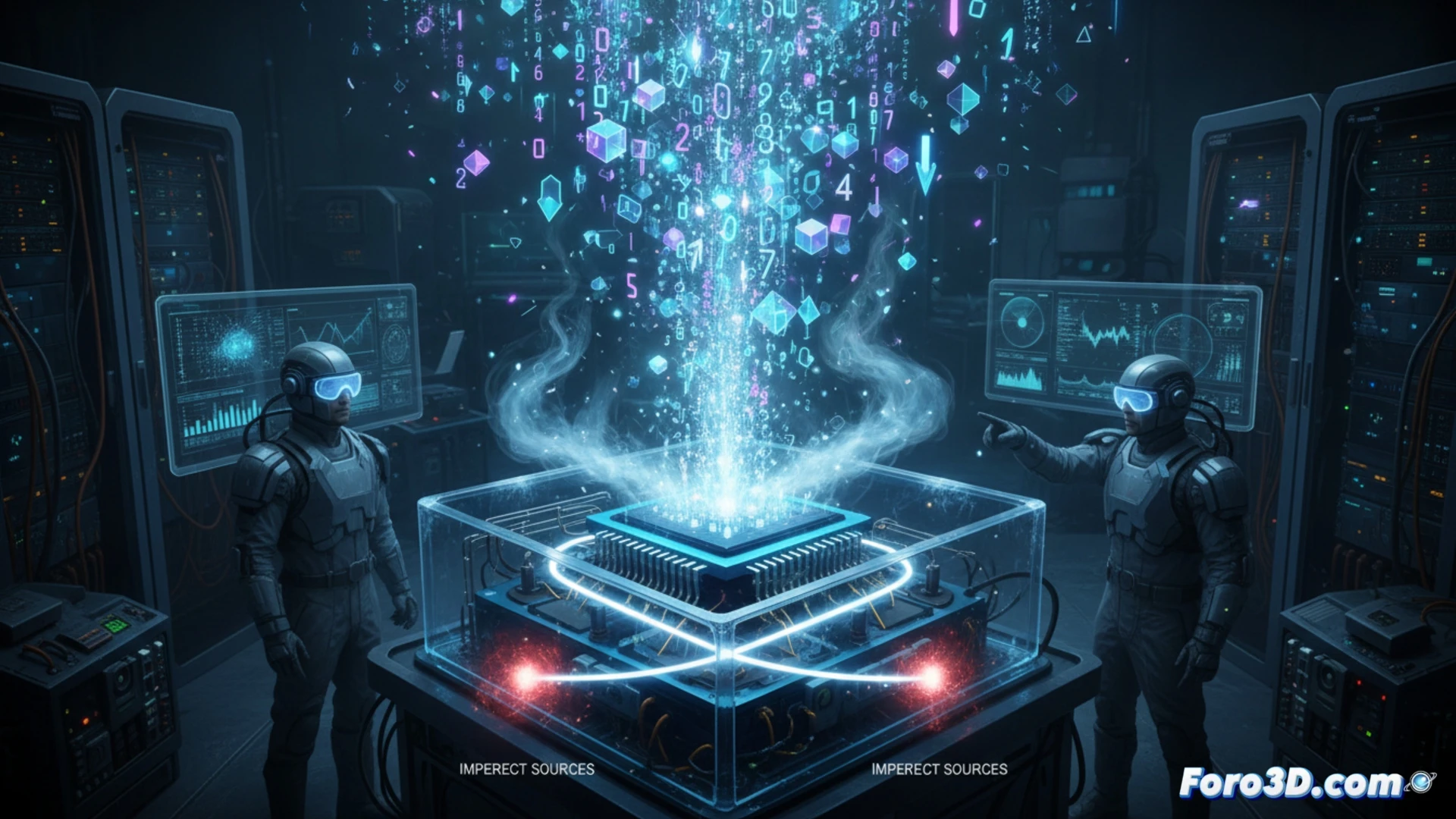 Cryogenic quantum processor chip inside a dilution refrigerator near absolute zero, superconducting qubits arranged in a grid pattern, laser pulses hitting the chip while entangled photons are generated, a stream of pure random numbers flowing upward as glowing digital particles, a classical computer interface showing a Bell test verification graph, cold blue and white lighting, metallic vacuum chamber walls with frost, technical engineering visualization, ultra-detailed microscopic chip structures, photorealistic scientific render