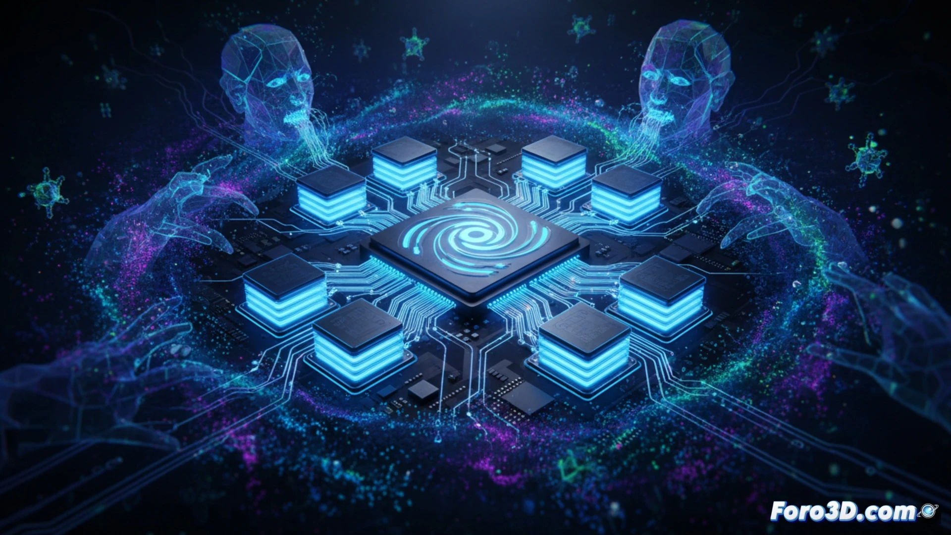 NVIDIA H200 GPU en funcionamiento, flujo de datos HBM3e fluyendo a través de canales de memoria hacia núcleos de procesamiento, datos masivos moviéndose a 4.8 TB/s sin cuello de botella, alimentando modelos de lenguaje como GPT y LLaMA, arquitectura de chip visible con módulos de memoria apilados, circuitos iluminados con luz azul cobalto, disipador de cobre pulido, conexiones de datos en movimiento, estilo cinematic photorealistic engineering visualization, fondo oscuro con reflejos metálicos, detalles microscópicos de transistores, render técnico de alta precisión