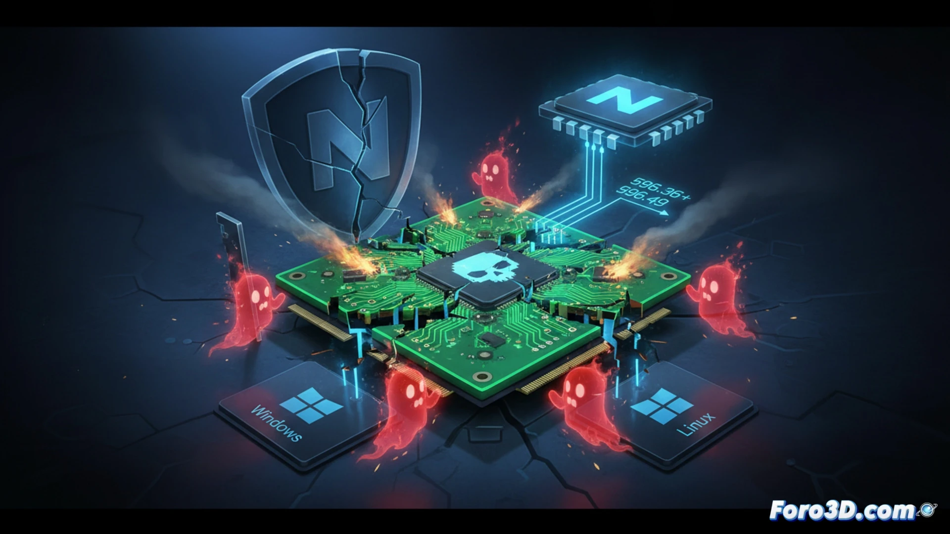 cinematic technical illustration of a glowing GPU chip on a motherboard, warning shield icon hovering above with red alert lines radiating outward, digital padlock being cracked by code fragments, driver update progress bar at 80 percent on a translucent overlay, Windows and Linux terminal windows showing vulnerability scans, metallic heatsink with dramatic side lighting, shadows emphasizing the urgent security threat, photorealistic engineering visualization, dark cyberpunk aesthetic with neon blue and red accents, detailed PCB traces visible