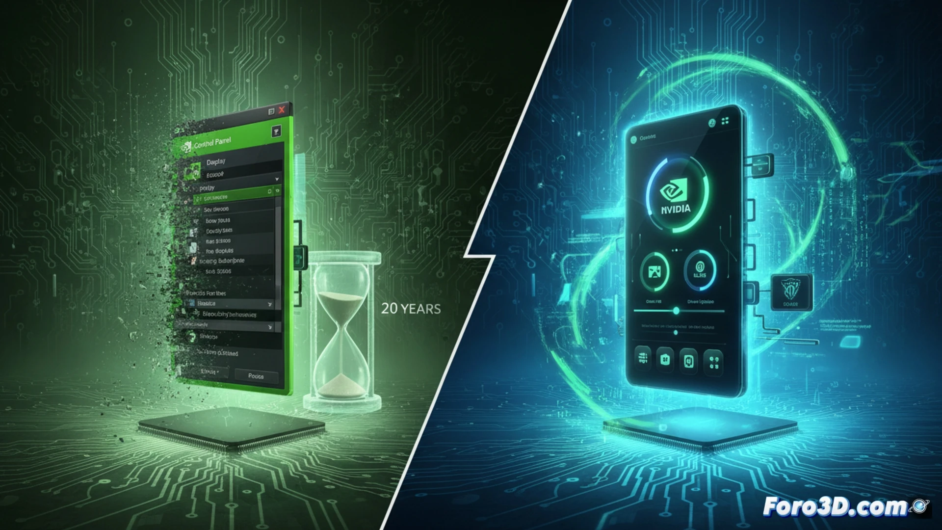 Cinematic visualization of a vintage Nvidia control panel interface fading into digital dust, while a sleek modern Nvidia app interface emerges with glowing DLSS settings, game optimization sliders, and driver update progress bars, an old GeForce graphics card being physically unplugged as a new RTX GPU activates with neon green light, technical illustration style, metallic circuit board textures, holographic UI elements floating, dramatic side lighting, photorealistic engineering render, motion blur on transitioning elements, dust particles dissolving into pixels